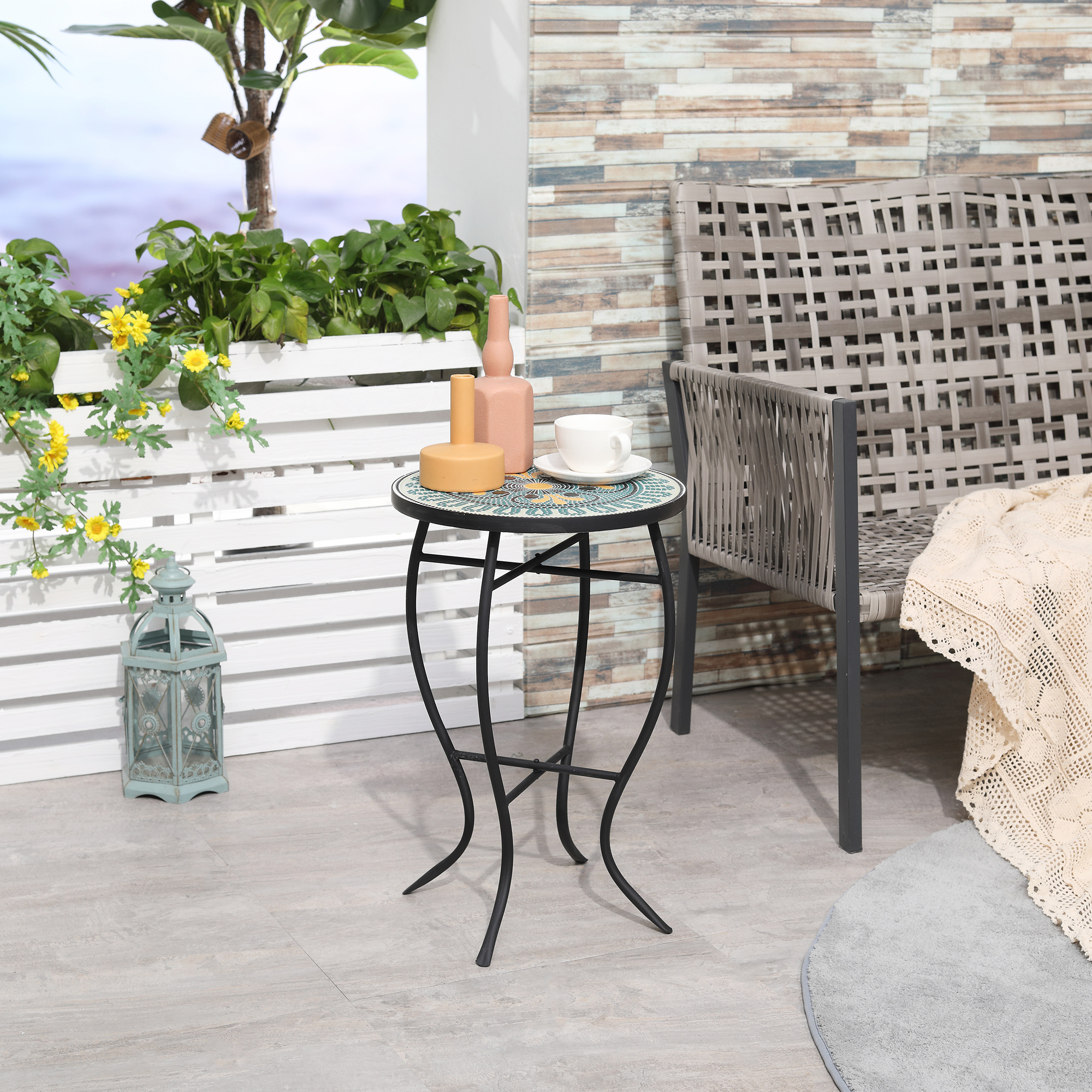 Outsunny Runder Gartentisch mit Blumenmosaik-Ablage, Ø35,5x53,5cm