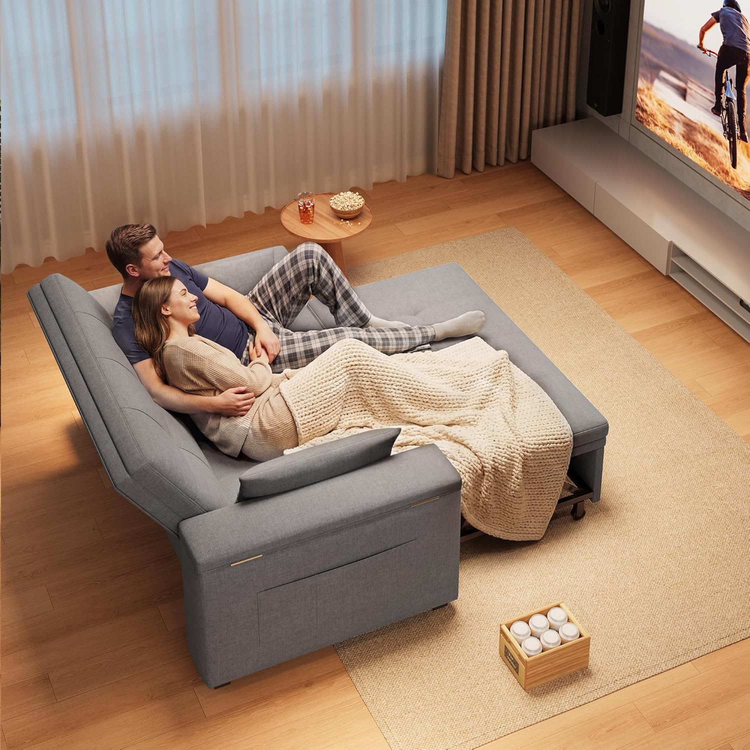 Xbro 3-in-1 Schlafsofa ausziehbar, 2-Sitzer Sofa mit Schlaffunktion, verstellbare Rückenlehne, Leinenstoff mit 2 Kissen und Seitentaschen, für Wohnzimmer, Schlafzimmer oder Büro, Hellgrau