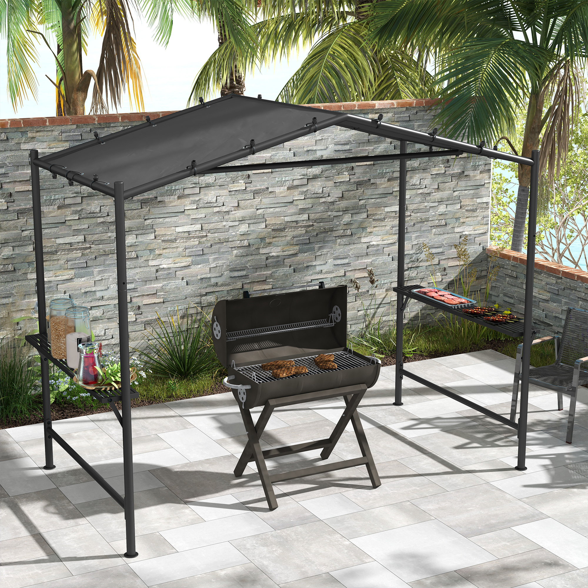 Outsunny Grillzelt Grilldach, wetterbeständig, inkl. Seitentaschen, 277 x 149 x 230 cm, Dunkelgrau