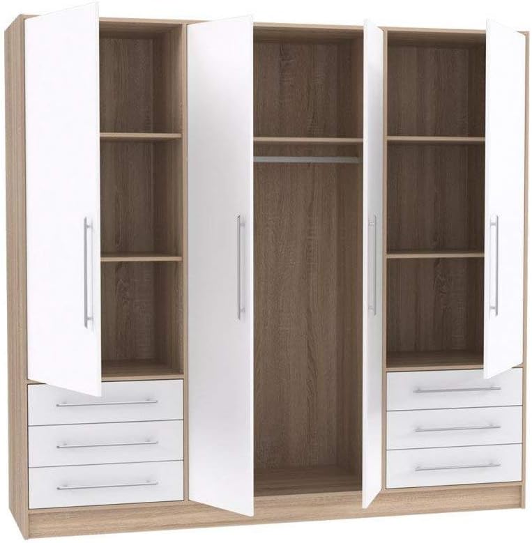 Newface Forte Wardrobe Jupiter 200 210, Wardrobe, Hinged Doors, 4 Doors, with 6 Drawers and Shelves, White with Wood Decoration: Sonoma Oak, 206 x 200 x 60 cm