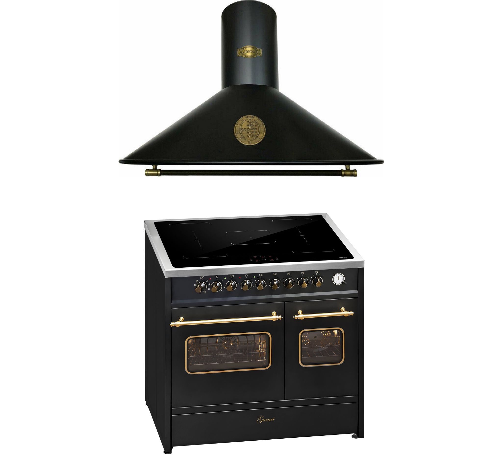 Induktions-Standherd Retro Elektro Standherd 90 cm, Range Coocker mit FLEX Induktion+Dunstabzugshaube Umluft/Abluft • 910 m³/h • 90 cm E 913 DF RU BL+A 9423 BE ECO