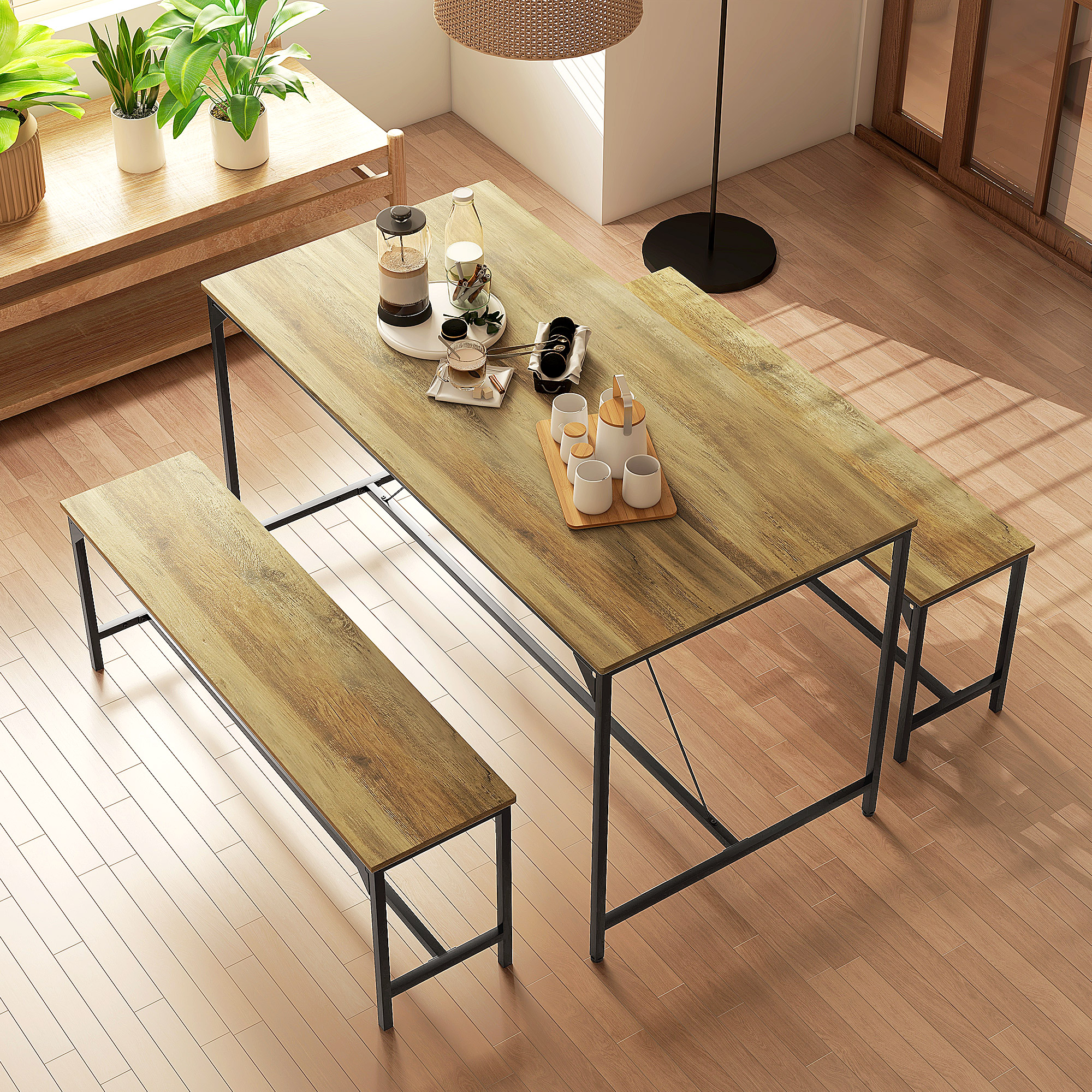 HOMCOM Essgarnitur, Tisch & 2 Bänke, Industrial Design, Stahlrahmen, Holzdekor/Schwarz
