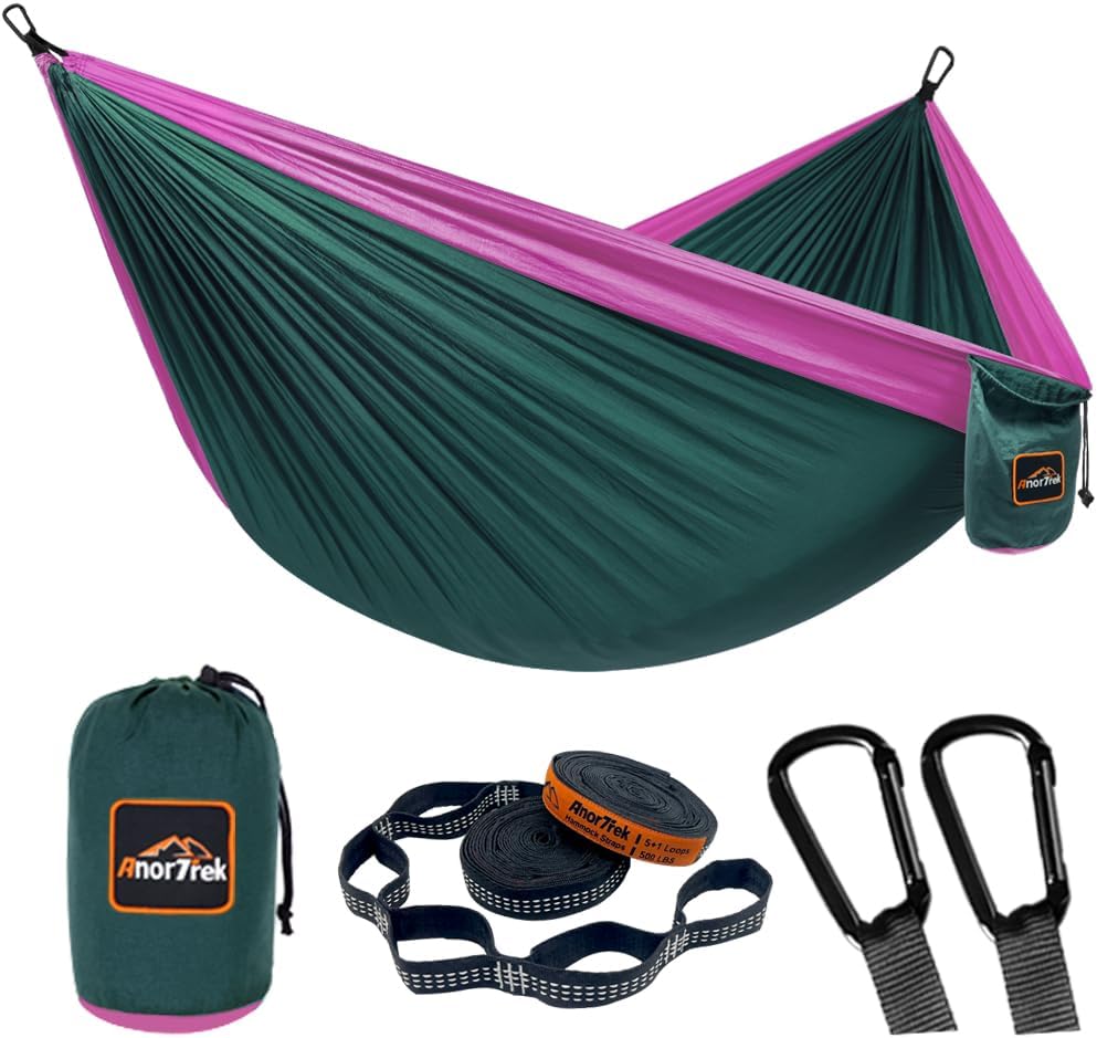 AnorTrek Amaca da Campeggio, Super Leggera e Portatile in Paracadute con Due Cinghie per Albero, Singola o Doppia in Nylon da Viaggio per Campeggio, Backpacking e Escursionismo