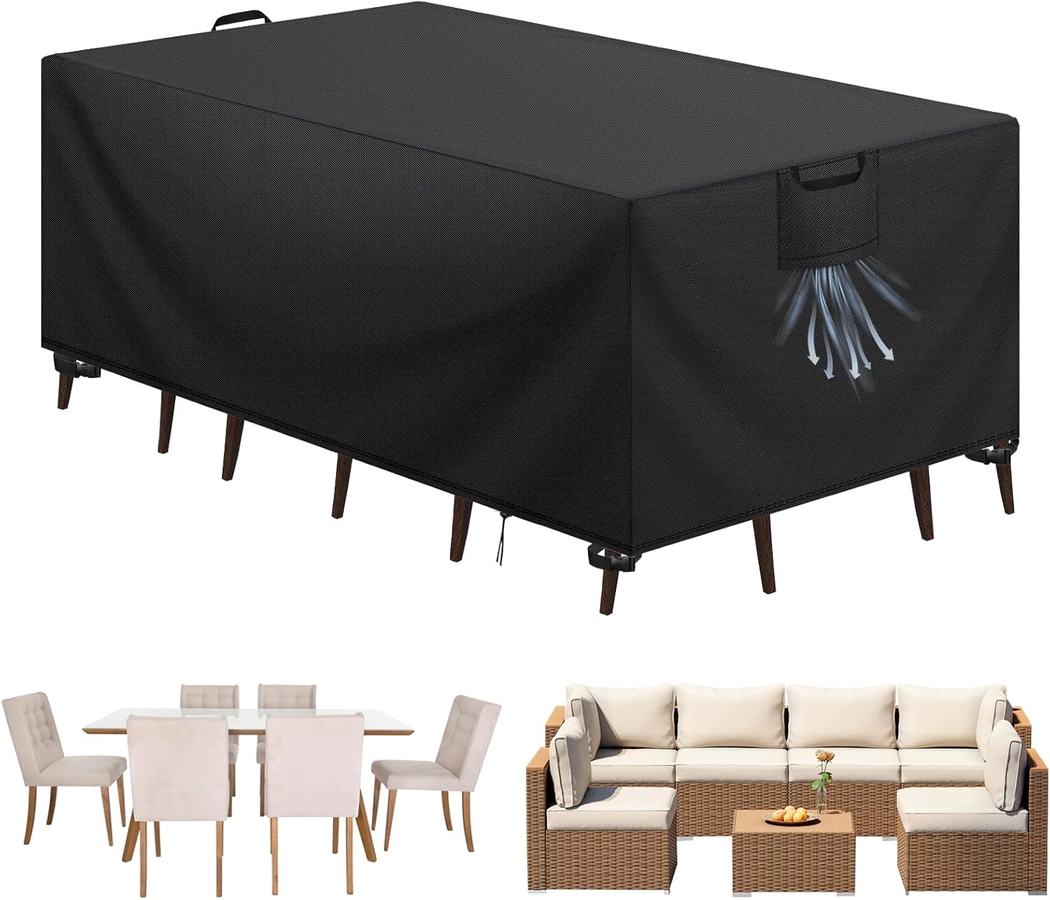 Aujink Waterproof Outdoor Table Cover, 420D Oxford Cloth Waterproof Cover for Garden Furniture, Patio Tables and Chairs, UV Rays, Tear-resistant, Black, 242 x 162 x 100 cm