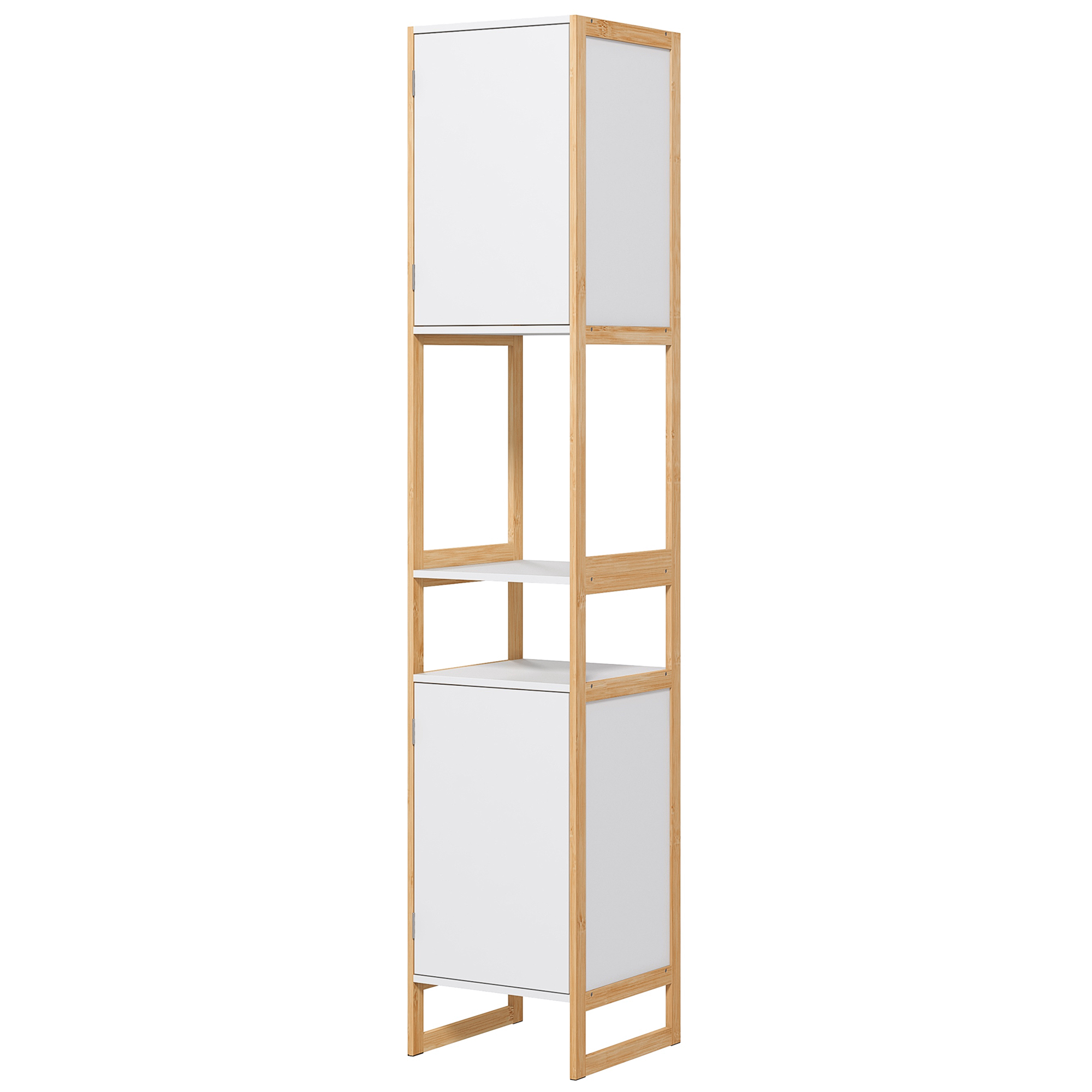 HOMCOM Badezimmerschrank mit 2 offenen Regalen und 2 Schränken verstellbar, Bambus und MDF 33L x 33B x 170H cm Weiß