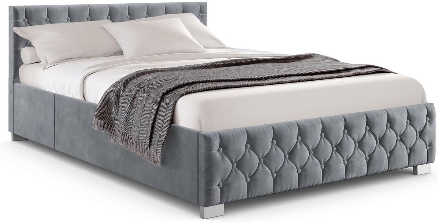 Juskys Polsterbett Nizza 120x200 cm Samt mit Stauraum, LED Beleuchtung & Lattenrost - Chesterfield Steppung & Kopfteil - Bett Bettgestell - Grau