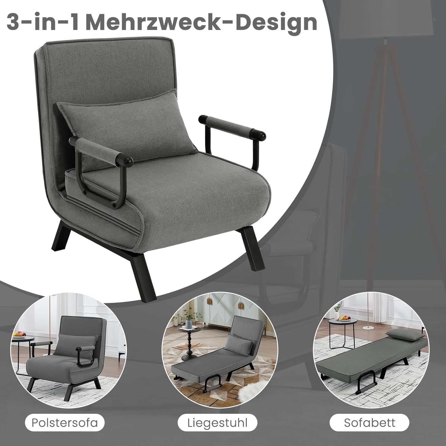 WOLTU Schlafsessel 3 in 1 mit bettfunktion, Gästebettfür, Schlafsofa mit Bettfunktion, Verstellbarer Rückenlehne, Wohnzimmer, Schlafzimmer, Balkon, Metallrahmen Leinen, 65 x 75 x 78cm, Dunkelgrau