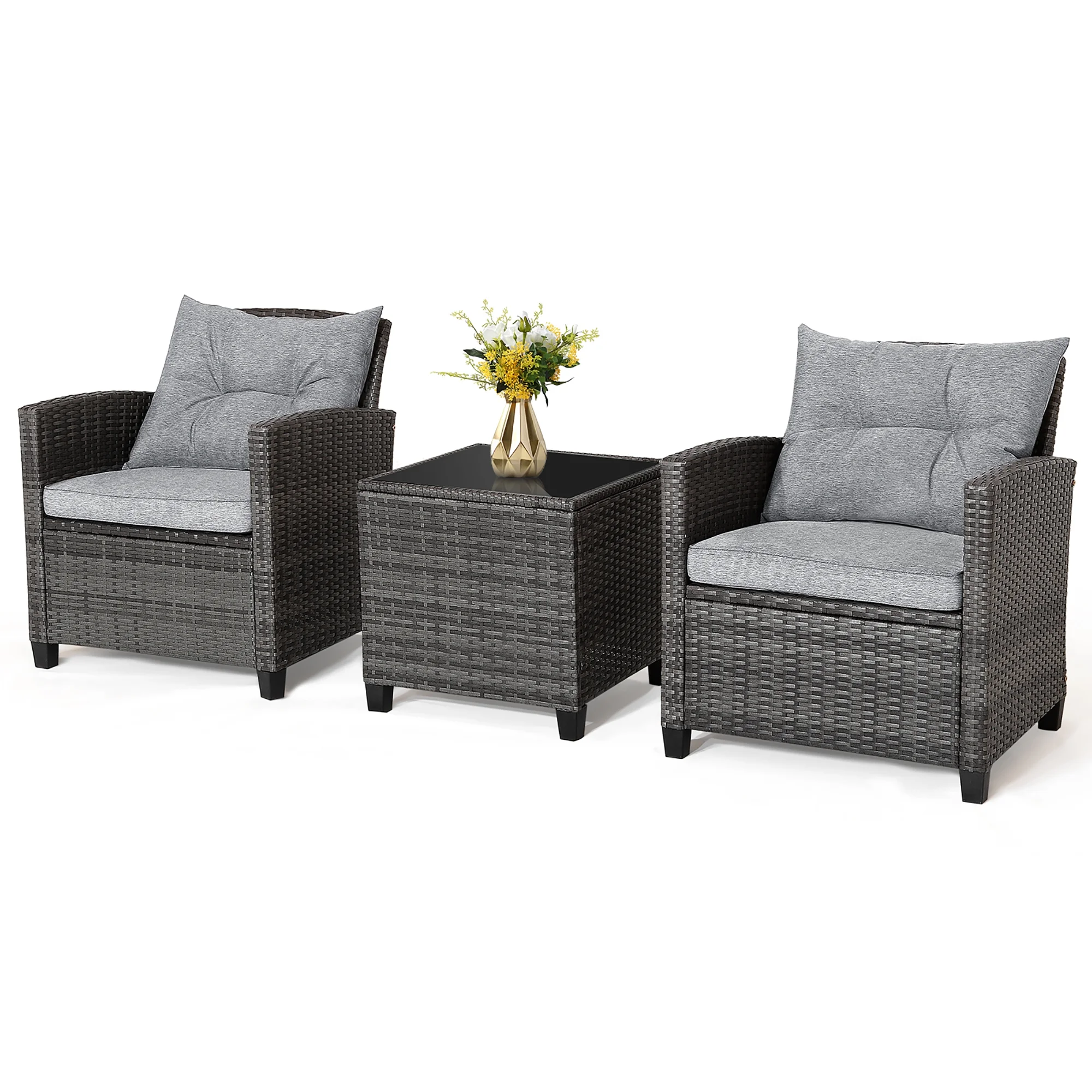Gymax 3PCS Patio Rattan Sofa Set Outdoor Wicker Conversation Set Glass Tabletop w/ Grey Cushion