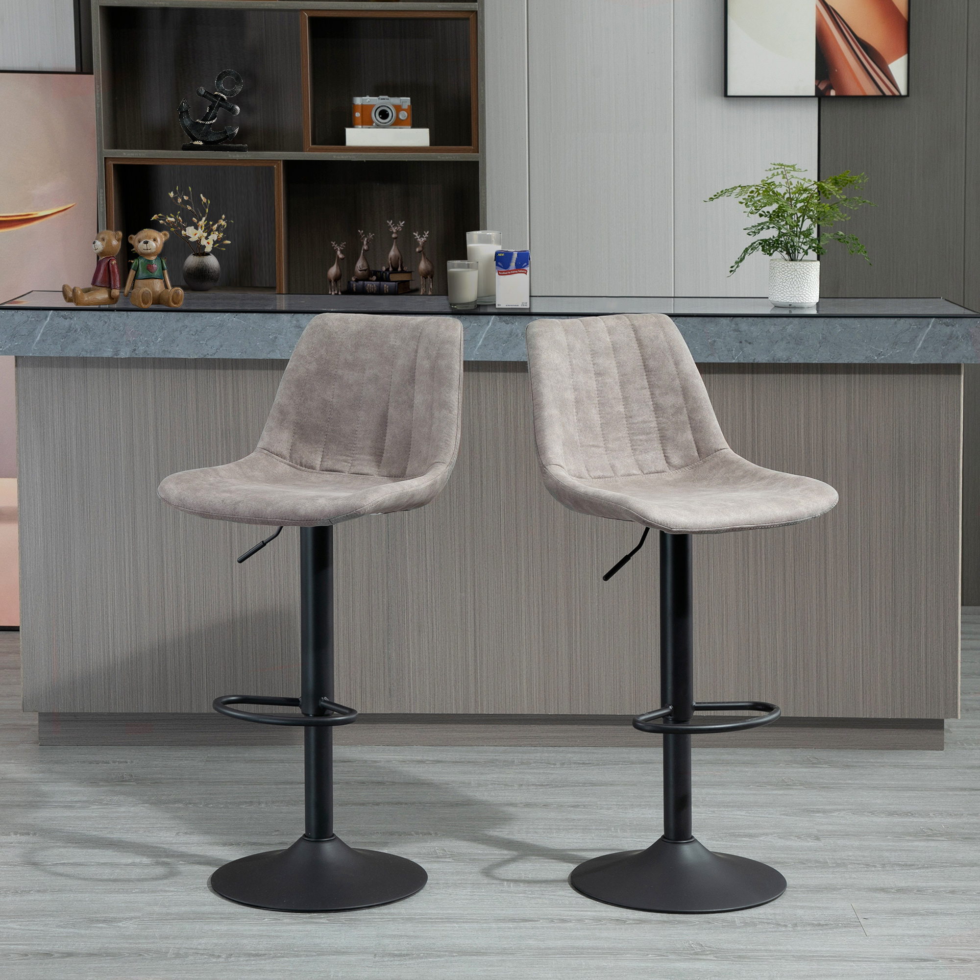 HOMCOM 2er-Set Barhocker im Retrodesign, inkl. Fußstütze, höhenverstellbar, Gaslift, Grau + Schwarz