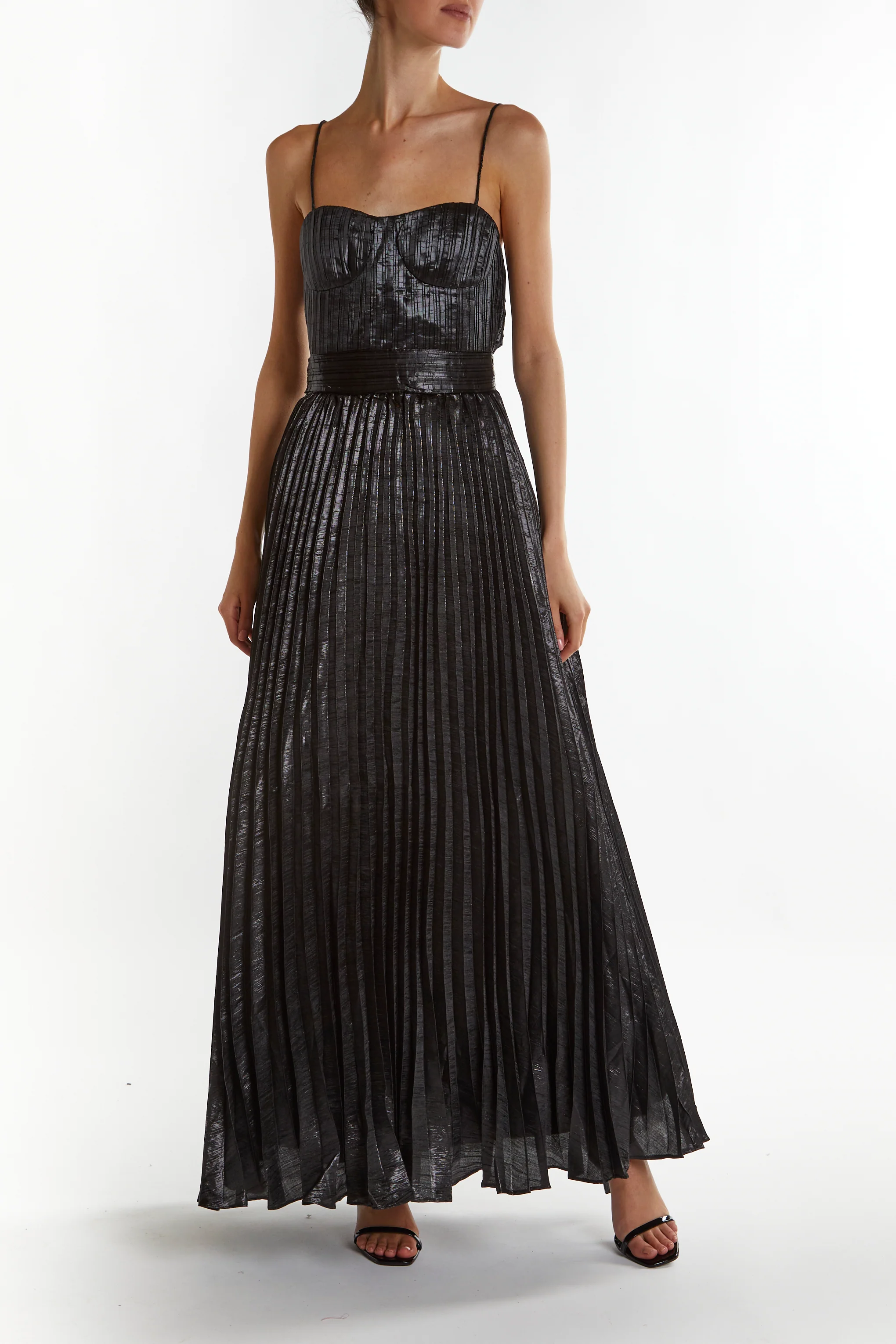 Kate Black-Crinkle Pleated Strappy Maxi Dress