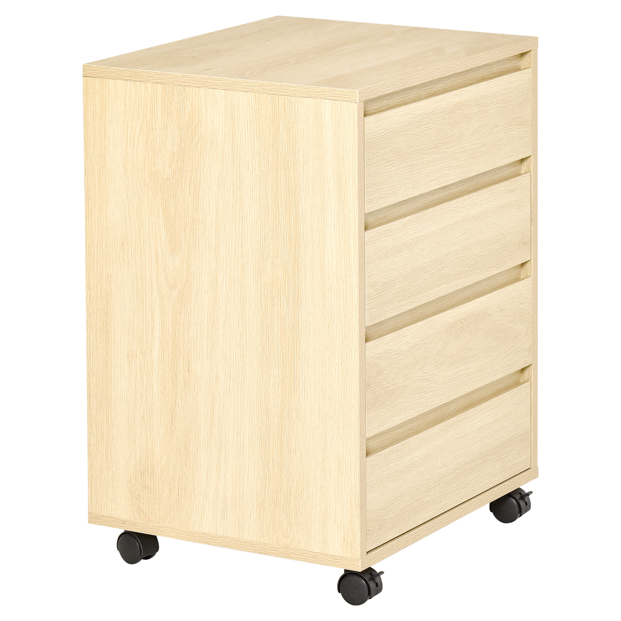 HOMCOM Rollcontainer Aktenschrank, 4 Schubladen, 4 Rollen, MDF Holz, 46 cm x 40 cm x 65 cm, Natur