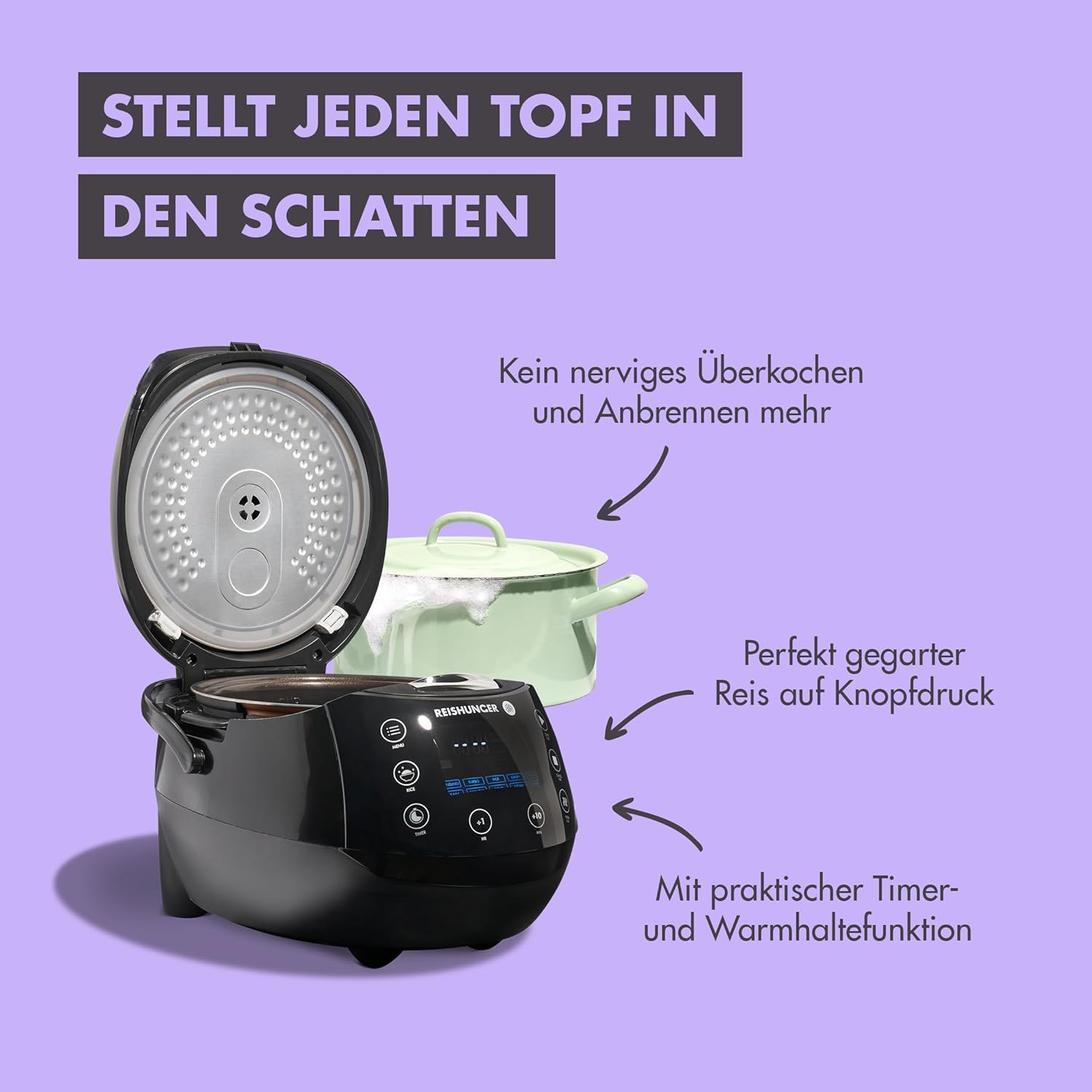 REISHUNGER Digitaler Reiskocher & Dampfgarer Schwarz | 1,5 L bis 8 Personen | Warmhaltefunktion, Timer & Premium Innentopf | Multikocher, 12 Programme, 7-Phasen-Technologie