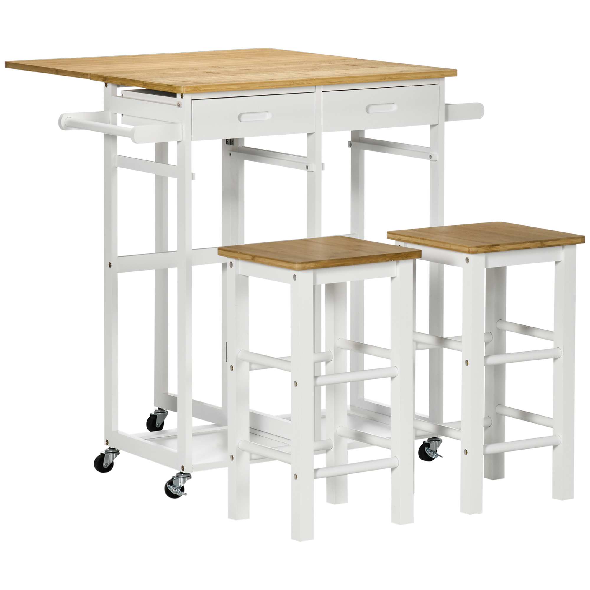 HOMCOM Ensemble Bartisch klappbar Rollen + 2 Hocker Weiß und helles Holz - 2 Schubladen und Geschirrtuchhalter