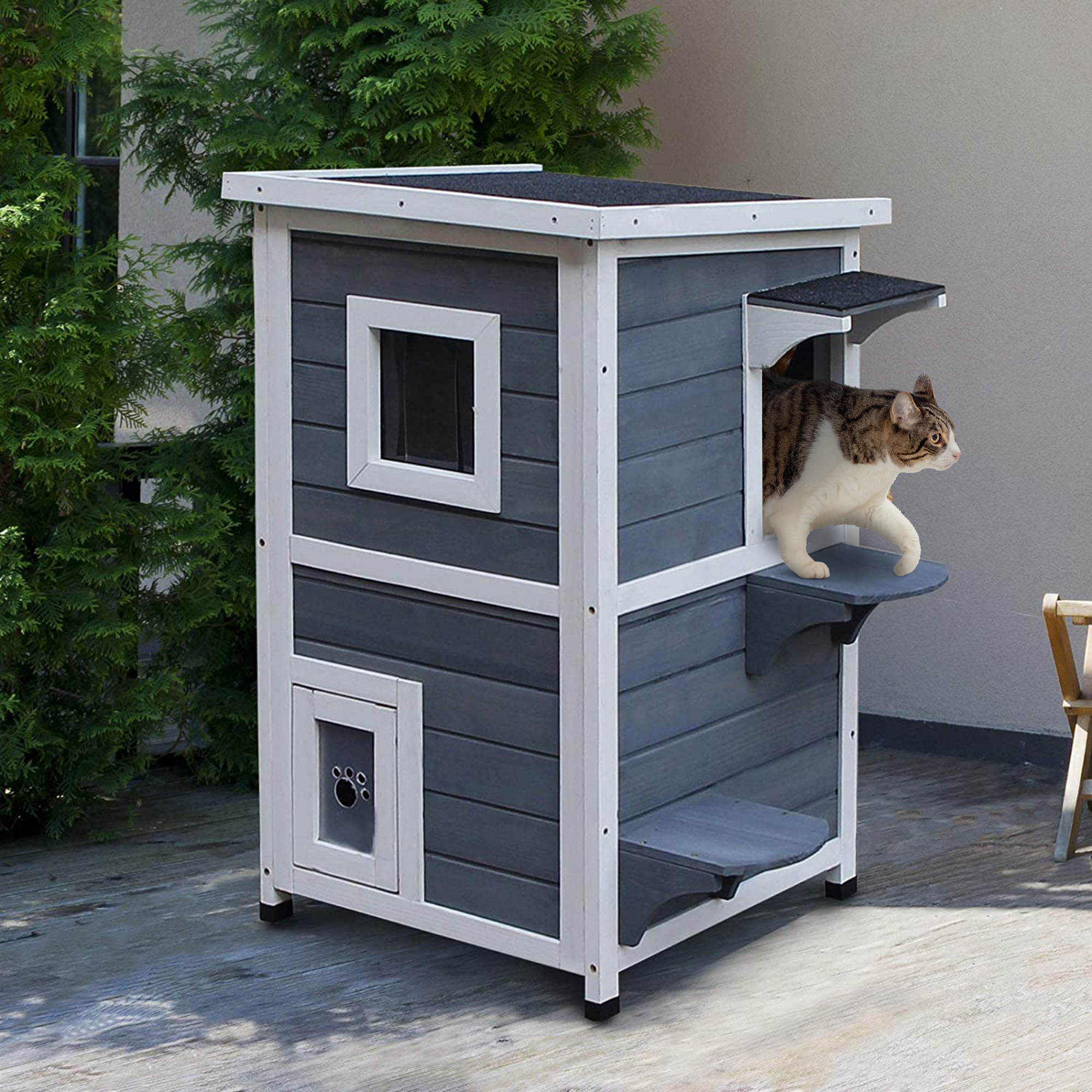 PawHut Katzenhaus aus Holz 2 Etagen Winterfest wasserdicht Katzenhütte mit Asphaltdach Treppen Fenster Katzenhöhle Outdoor Schutzhütte für Draußen Garten Balkon 51 x 51 x 81,3 cm Grau