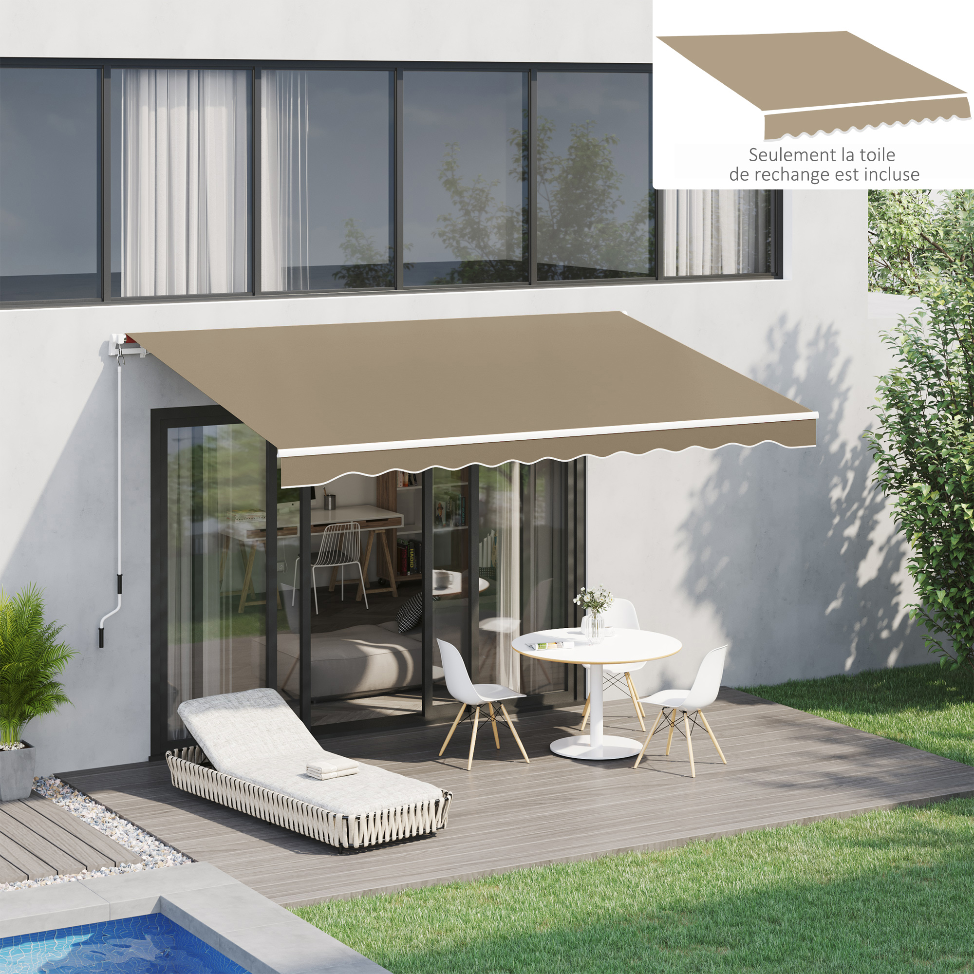 Outsunny Ersatzmarkise für Markisen - Saum mit weichen Wellen - Hochdichtes 280 g/m² UV-beständiges Polyesterstoff 3,82 m x 2,4 m (vorspringend) Café Latte