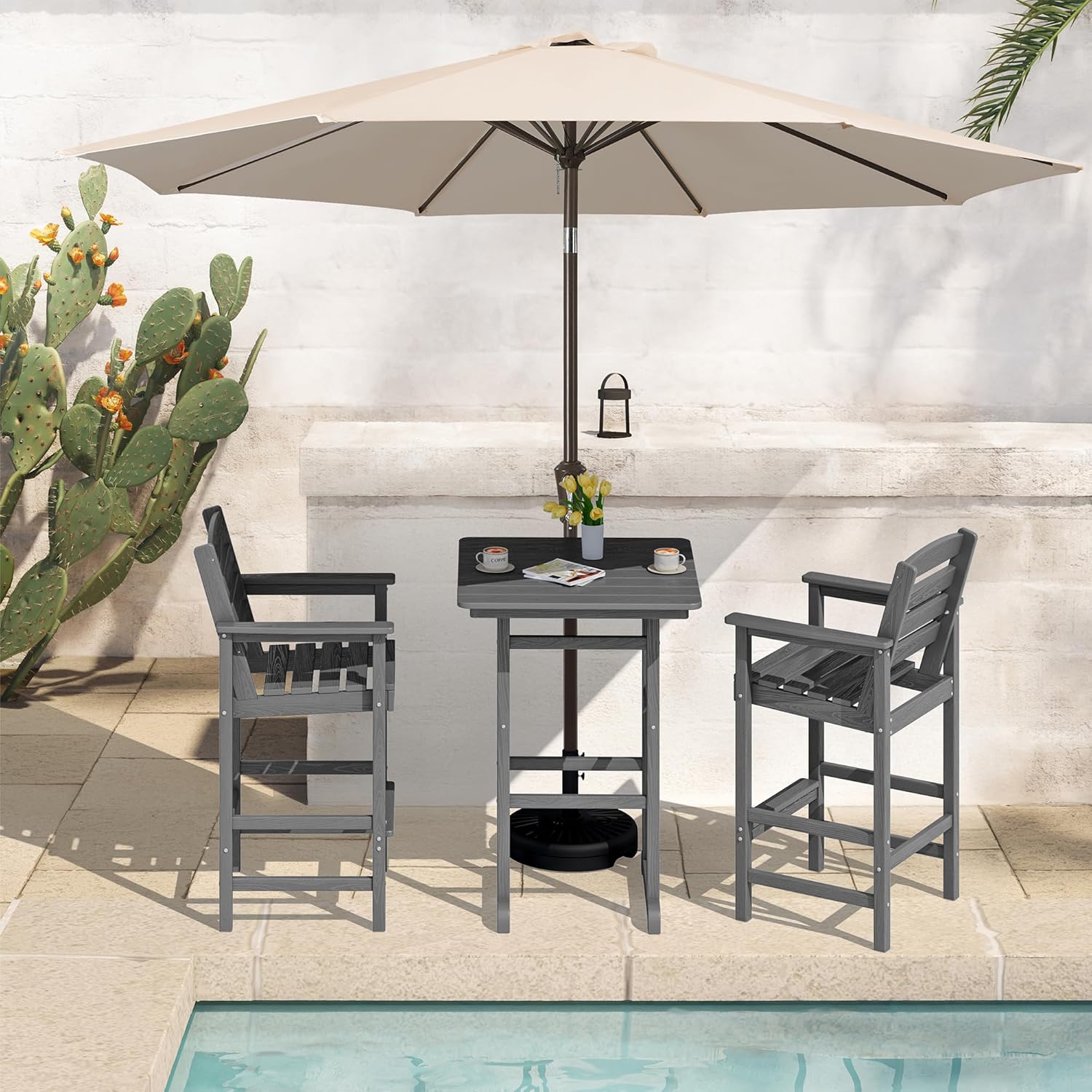 SERWALL 4 Pieces Outdoor Patio Bar Set with 9ft Umbrella  Outdoor HDPE Barstool and Table Furniture Set with Patio Umbrella  Gray