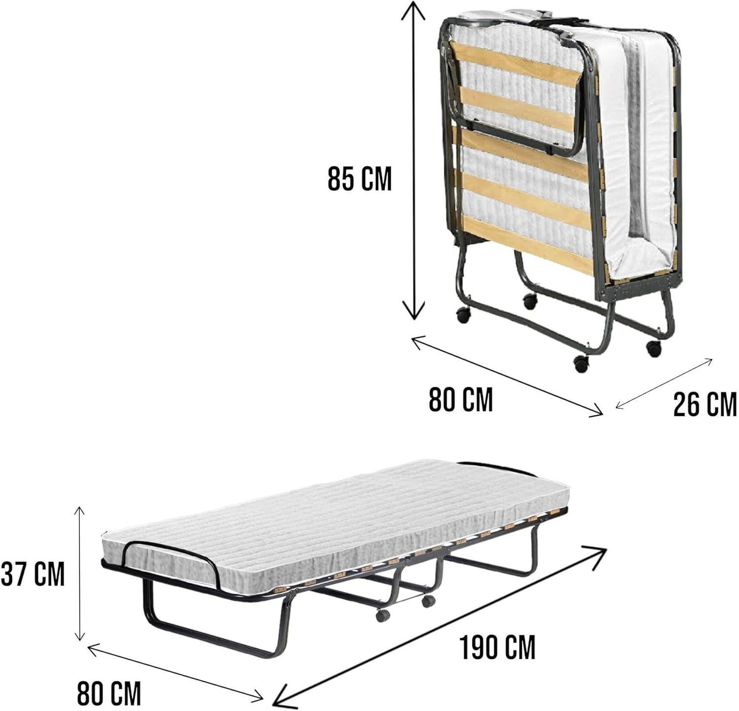 Talamo Italia Letto Pieghevole Deva, Brandina con Rete 12 doghe, Materasso Incluso, Lettino salvaspazio, 100% Made in Italy, 80x190h37 cm, Custodia Protettiva su Richiesta, Bianco, 190 cm