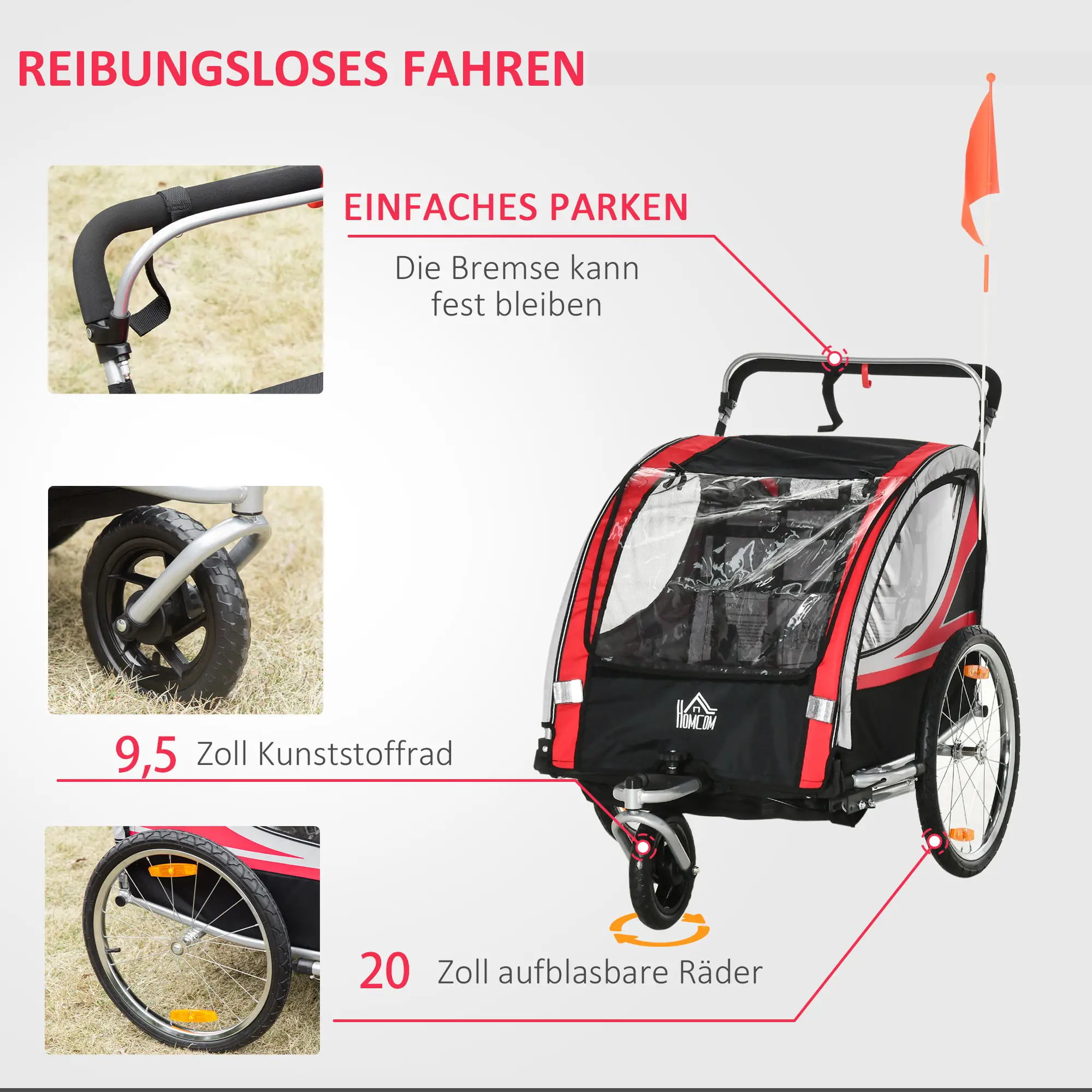 HOMCOM Kinderfietskar 2-in-1 Duwkar veilige rit rood