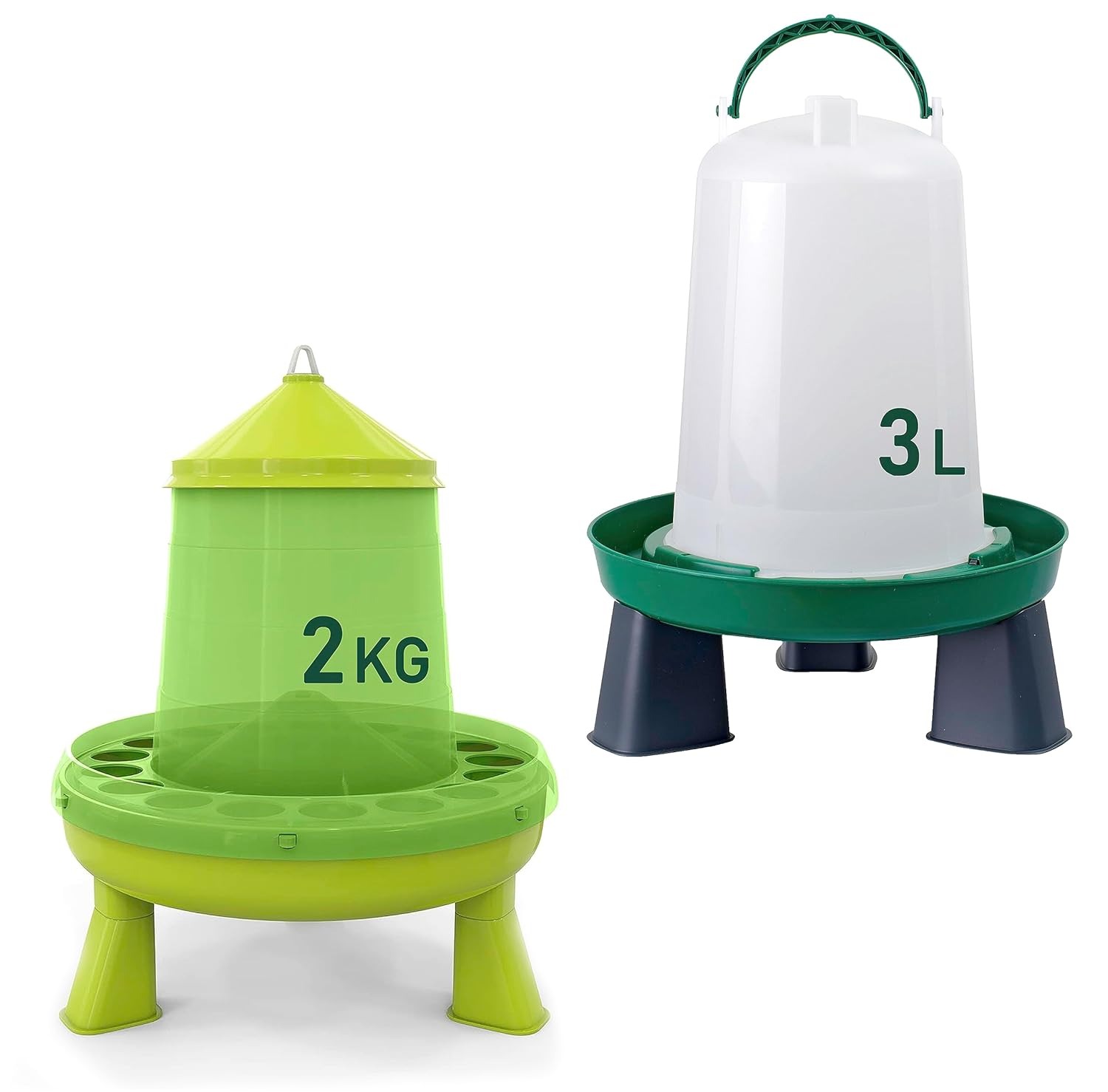 Mangiatoia per Galline 2 Kg e Abbeveratoio per Galline 3L - in Plastica Trasparente Resistente – Piedini rimovibili