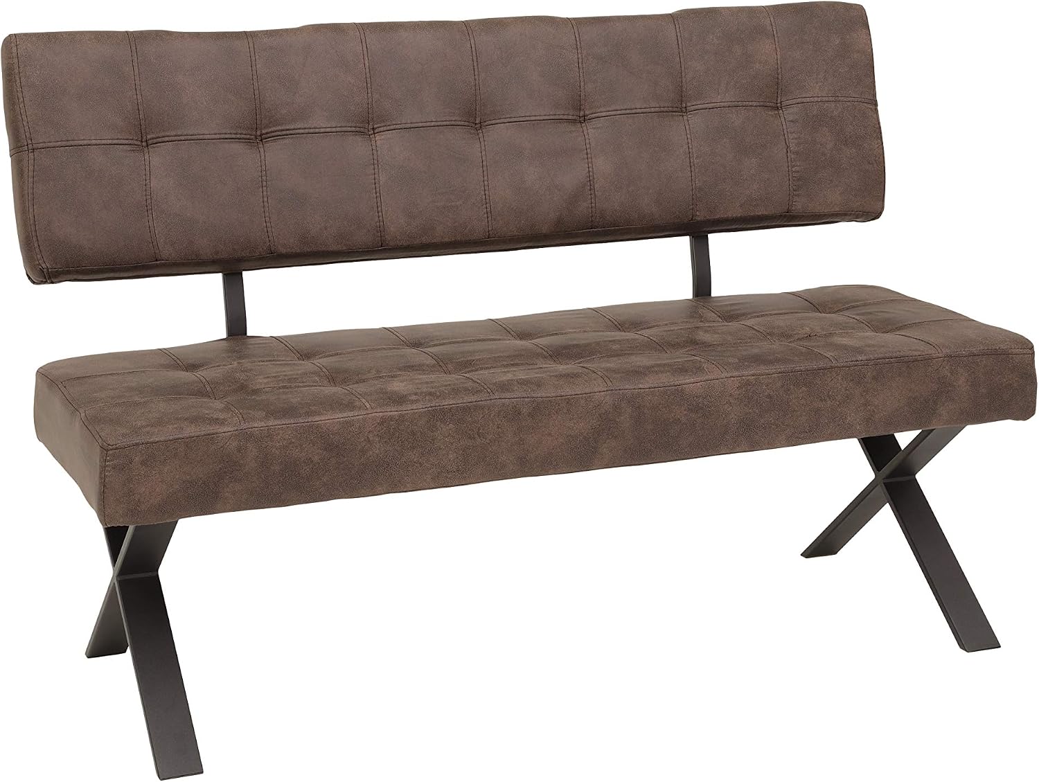 Hela Tische, 140x61x93 cm, mit Lehne, Sitzbank Esszimmerbank Donna, Bezug Softex Vintageoptik Braun, X-Metallgestell Anthrazit