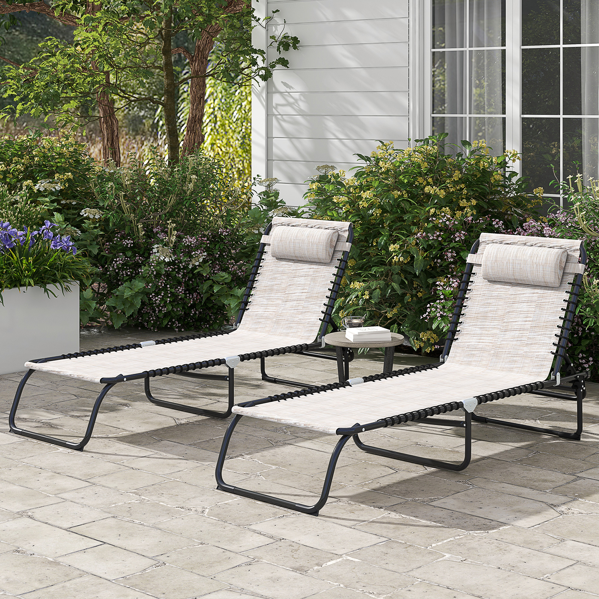 Outsunny Set mit 2 Sonnenliegen klappbarer Liege mit mehreren verstellbaren Positionen Stahl elastische Schnürungen Textilene Creme