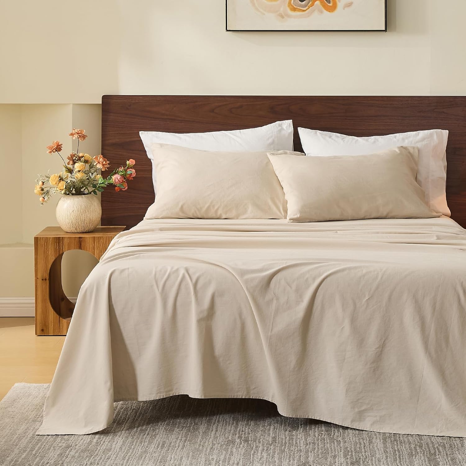 MEISHANG 100% French Pure Linen Sheets King Size - Bed Sheets 4 Piece Sets, Soft Durable Flax Linen, Anti-Tear Breathable Oeko-Tex Certified with 16