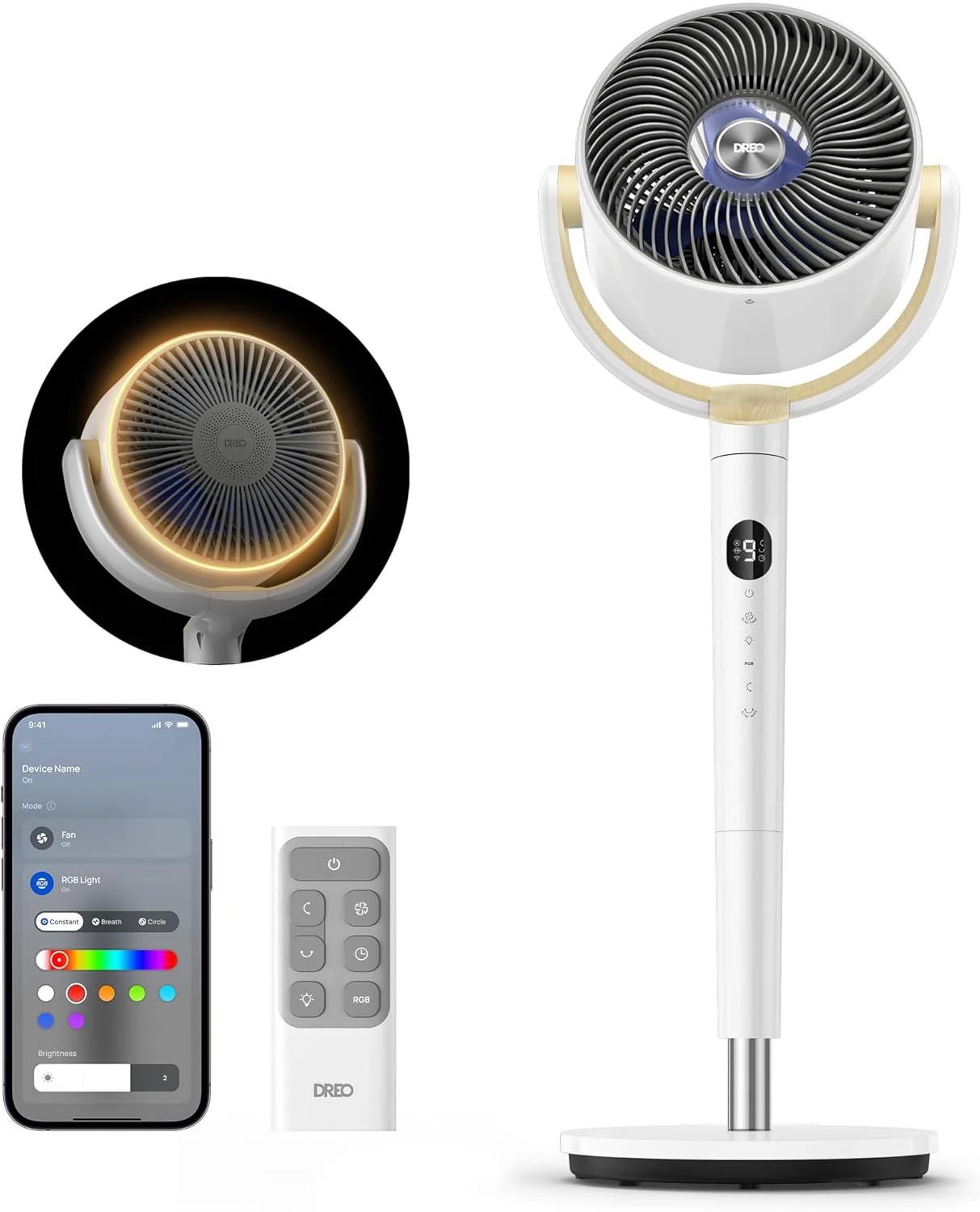 DREO Smart Fan for Bedroom, 120掳 +120掳 Omni-Directional Oscillating Fans, 100ft Quiet Pedestal Fan with RGB Light, 9 Speeds, 6 Modes, 20dB, 8H Timer, Wi-Fi/Voice/Alexa, 37-42