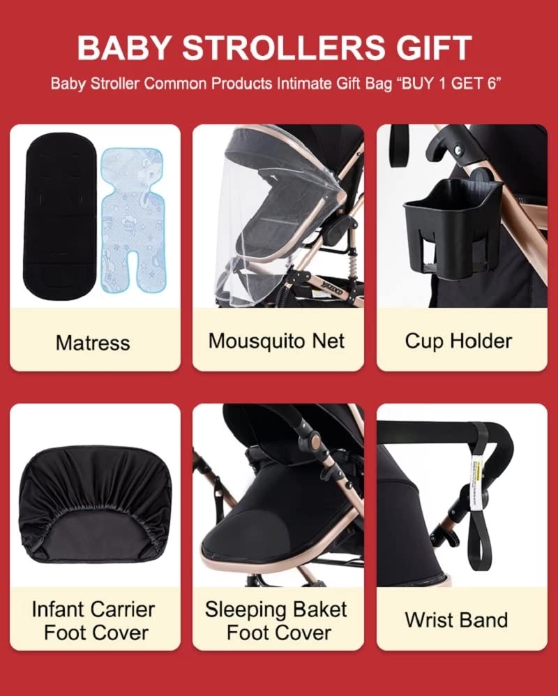 YAZOCO kinderwagen 3 in 1 Buggy Babybett Komplett Set Einem Klick Zusammenklappbarer Kinderwagen, KombiKinderwagen Aluminiumrahmen für Neugeborene Sitzzubehör (1 schwarz)