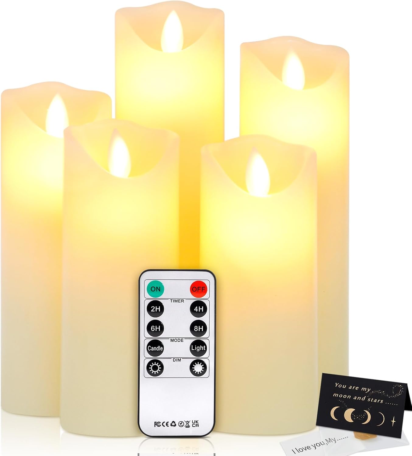 IGUGI Candele LED, set di 5 Candele a LED,Candele Senza Fiamma Tremolante,Candele a colonna in vera cera con telecomando e funzione timer 24 ore,per Compleanno/Festa/Matrimonio/Hotel(avorio)