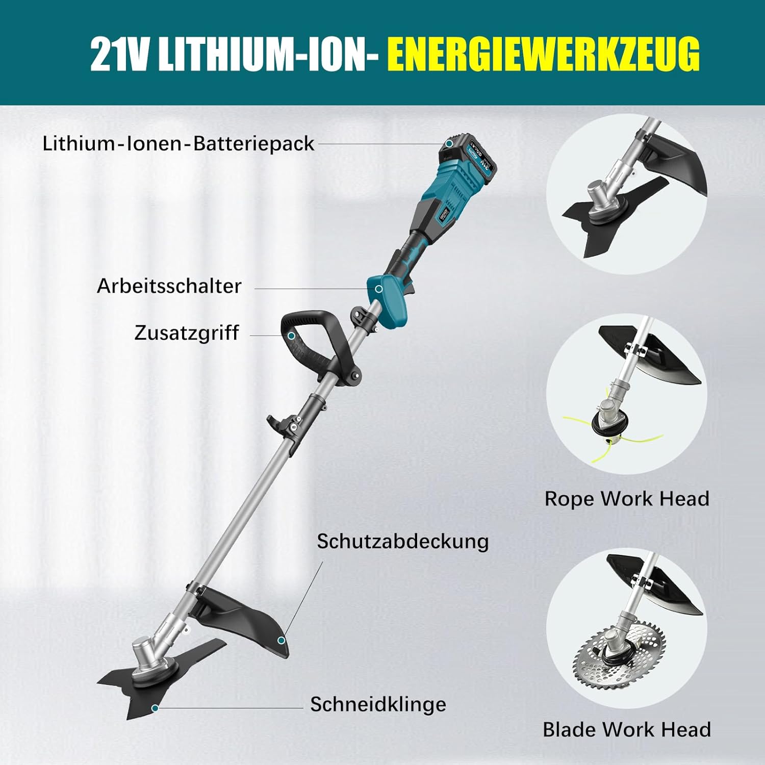 Akku Rasentrimmer mit 2 Akku, 16000mAh/21V 1000W Bürstenloser Akku Freischneider, Schnittdurchmesser 30cm, Multifunktion Rasenkantenschneider Akku für Rasen Garten Beschneiden - E-Edge