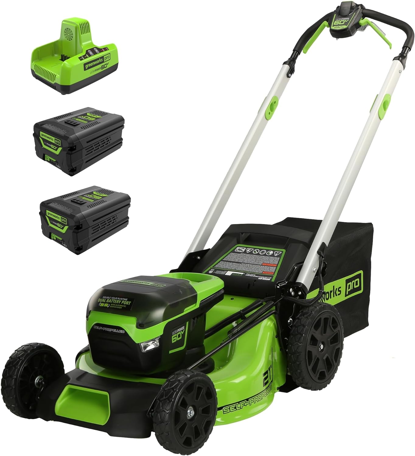 Greenworks 60V 21&rdquo; Cordless (Self Propelled) Lawn Mower , 2 x 4.0Ah Batteries and Dual Port Rapid Charger