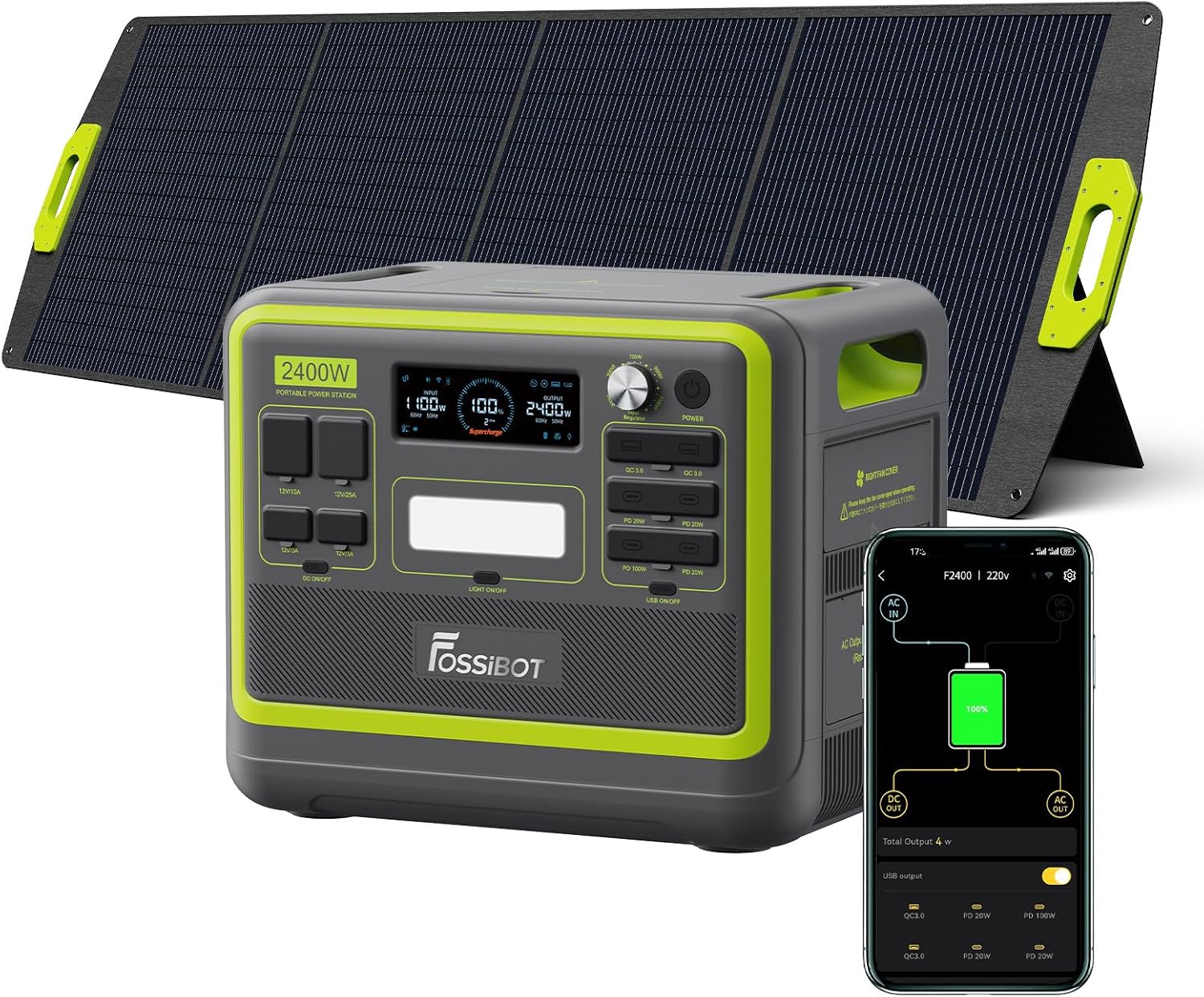 FOSSIBOT F2400 Generatore Solare, Pezzo con Pannello Solare da 200W, LiFePO4 da 2048 Wh, Uscita AC da 2400W, Centrale Elettrica Portatile Adatta per Case, Campeggio e Situazioni di Emergenza
