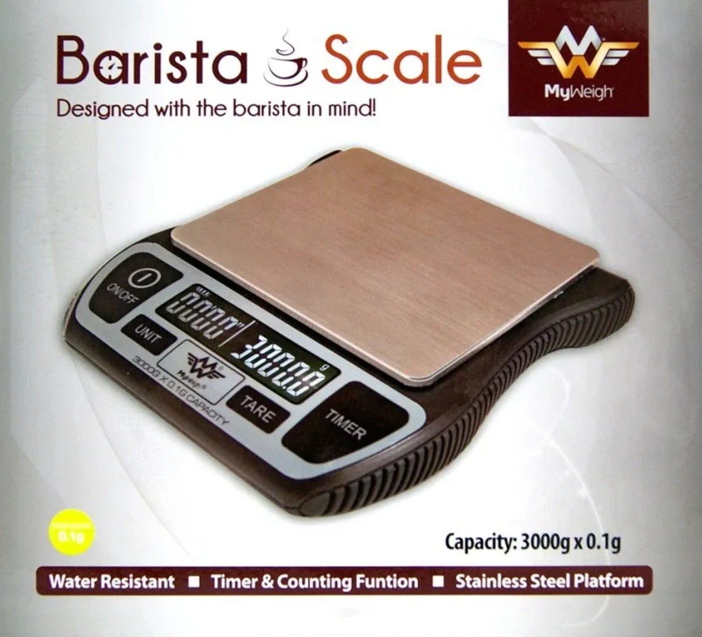 Küchenwaage MyWeigh Barista Waage 3kg/0,1g mit Timerfunktion und Tara