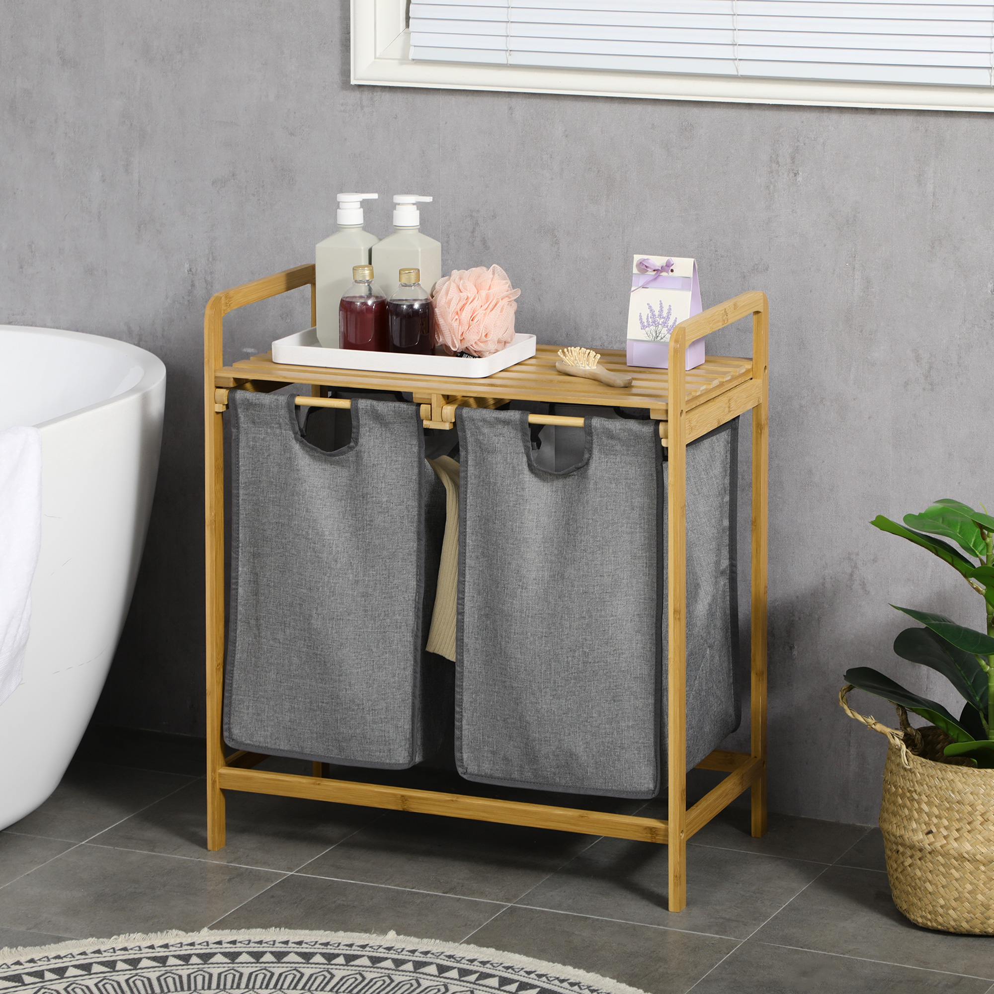 HOMCOM Wäschesammler Wäschekorb, 2 Wäschesäcke, 2 Griffe, Bambus, 63,5 x 33 x 73 cm, Grau + Natur