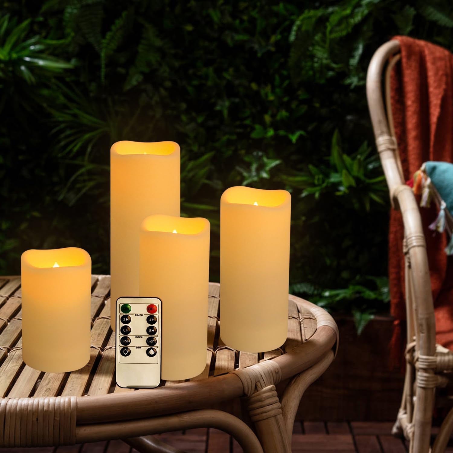Set mit 96 wasserdichten flammenlosen Kerzen für den Außenbereich, LED-Kerzen mit 4 Fernbedienungen und Timer, (H 10,2 cm, 12,7 cm, 15,2 cm x T 5,6 cm), für Halloween, Hochzeit, Festival