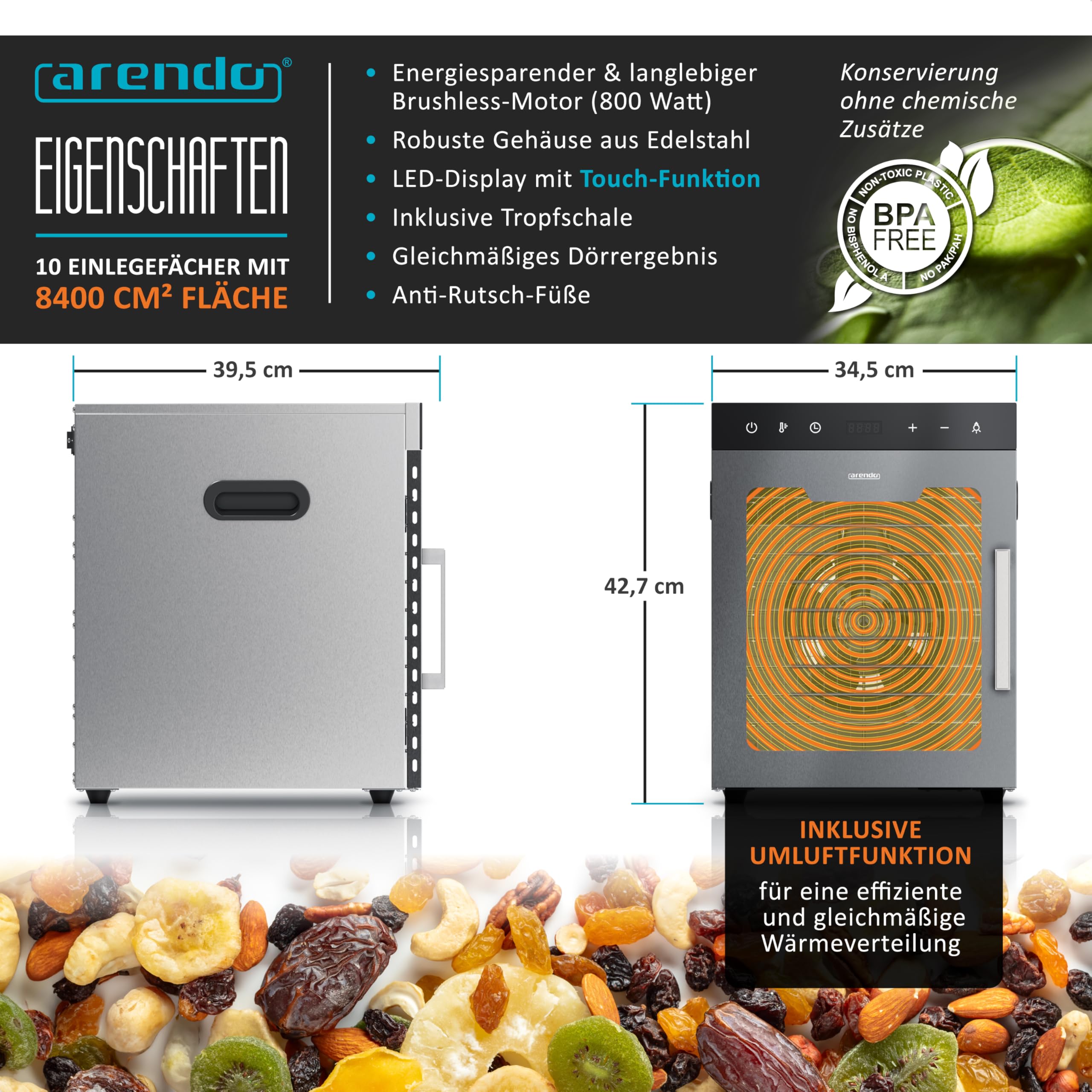 Dörrautomat aus Edelstahl mit 10 Gitterrosten, 800 W, 30-90°C, 8400 cm² Fläche, Dehydrator für Obst und Fleisch