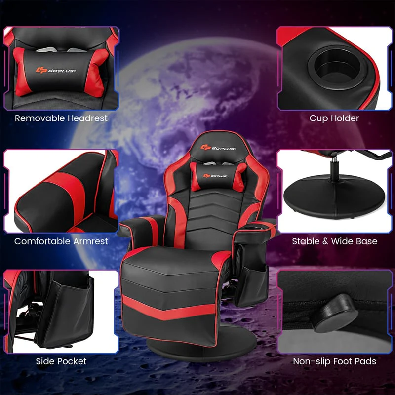 Ergonomic Gaming Recliner Chair with Massage, Retractable Footrest & Cup Holder, Height Adjustable Racing Style Swivel Video Game Chair