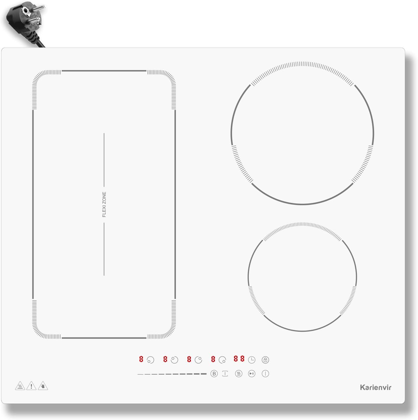 Karienvir Piano Cottura Induzione 4 Fuochi Bianco con Spina, Piano cottura a induzione 60 cm con Flex Zona, Blocco di sicurezza, Pausa, Booster, Timer di 99 minuti, 3500 W