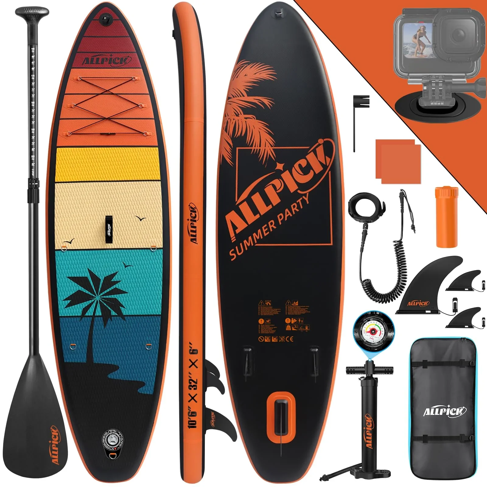 2025 Tabla de paddle surf inflable ALLPICK Premium, SUP con soporte universal para cámara, accesorios completos, remo ajustable, para principiantes y avanzados, capacidad 150kg/180kg, color Naranja Atardecer