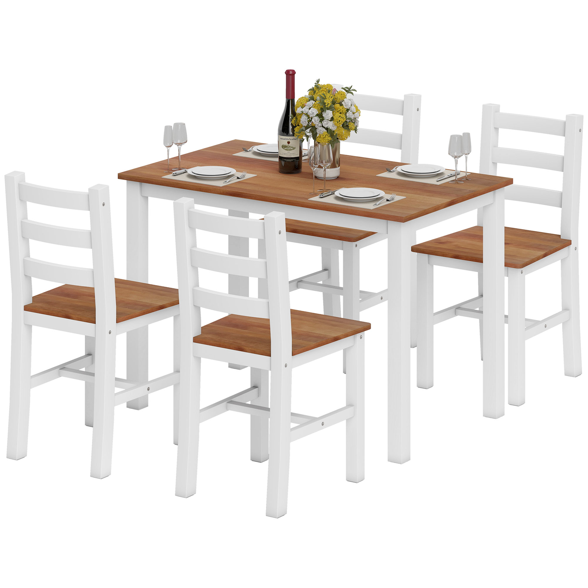 HOMCOM Essgruppenset, Esstisch, 4 Stühle, Esszimmerset, Kiefernholz, Braun+Weiß