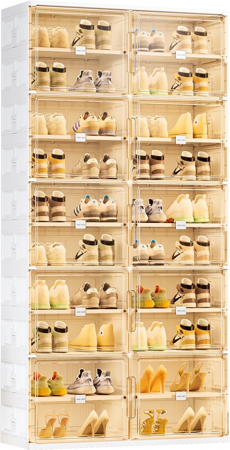 JEKO&JEKO 10-Tier Foldable Shoe Storage Box with Magnetic Doors, Large Stackable Shoe Organizer Cabinet for Entryway, Clear Front Door Shoe Boxes Hold Up to 40 Pairs (White)