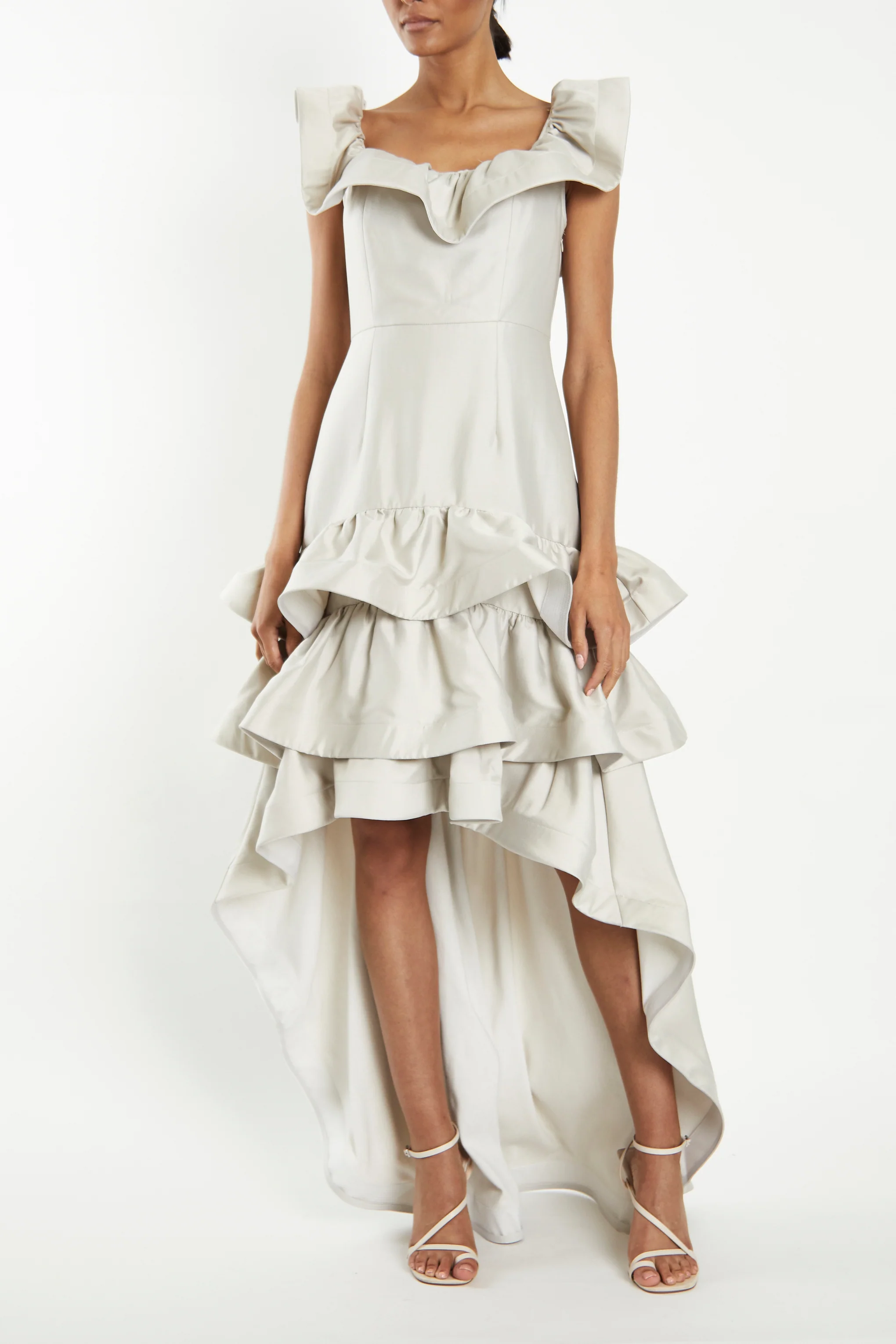 Florence Light Grey Waterfall Ruffle Hi-Lo Dress