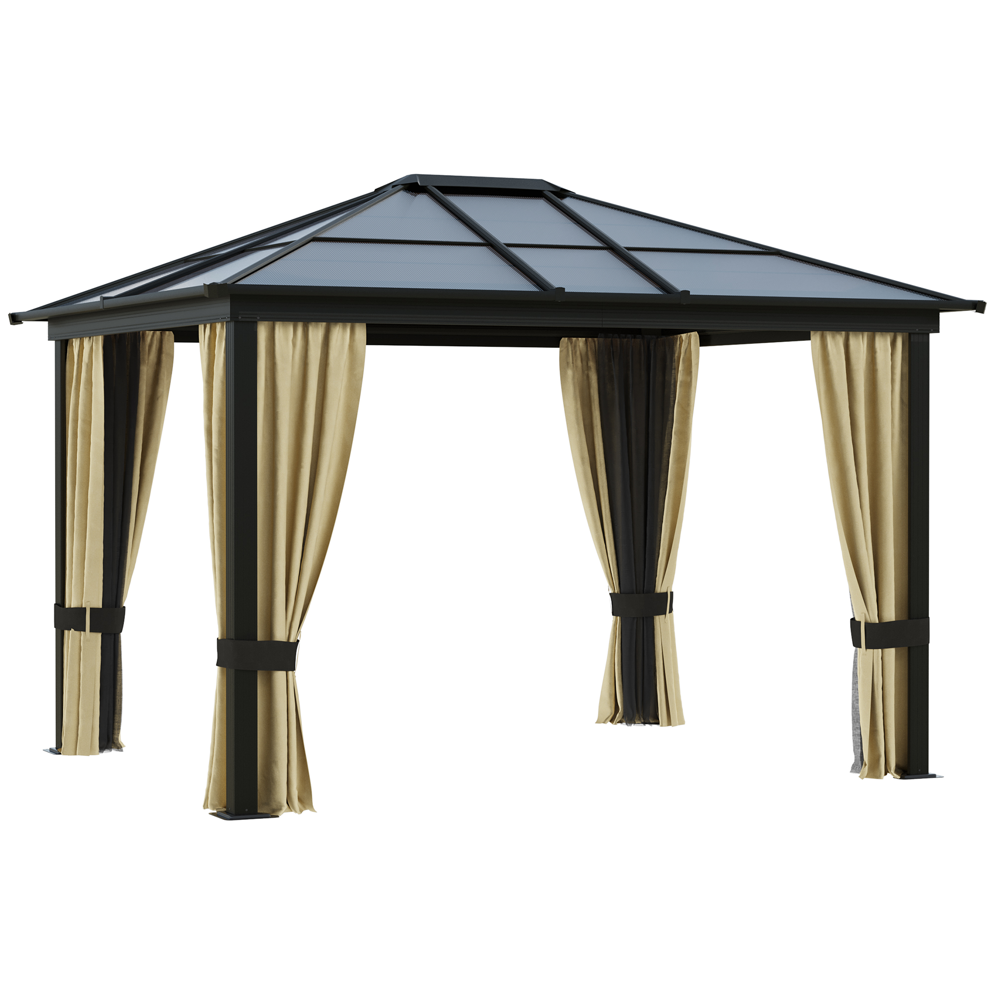 Outsunny Pavillon mit Polycarbonatdach, Vorhänge mit Fliegennetz, Alugestell, braun+beige, 3,6 x 3 x 2,6 m