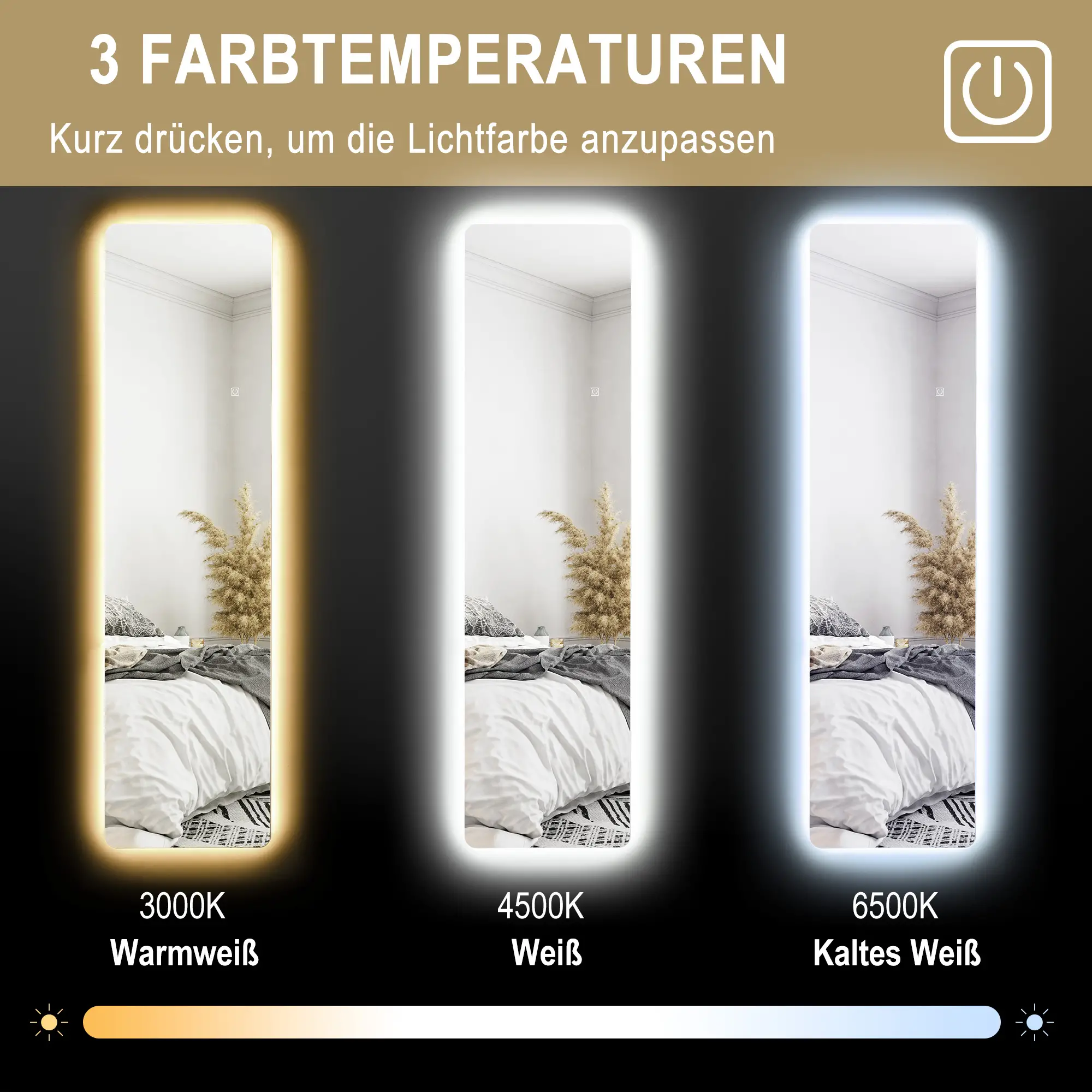 HOMCOM Standspiegel LED Touch dimmbar 3 Lichtfarben Ganzkörperspiegel