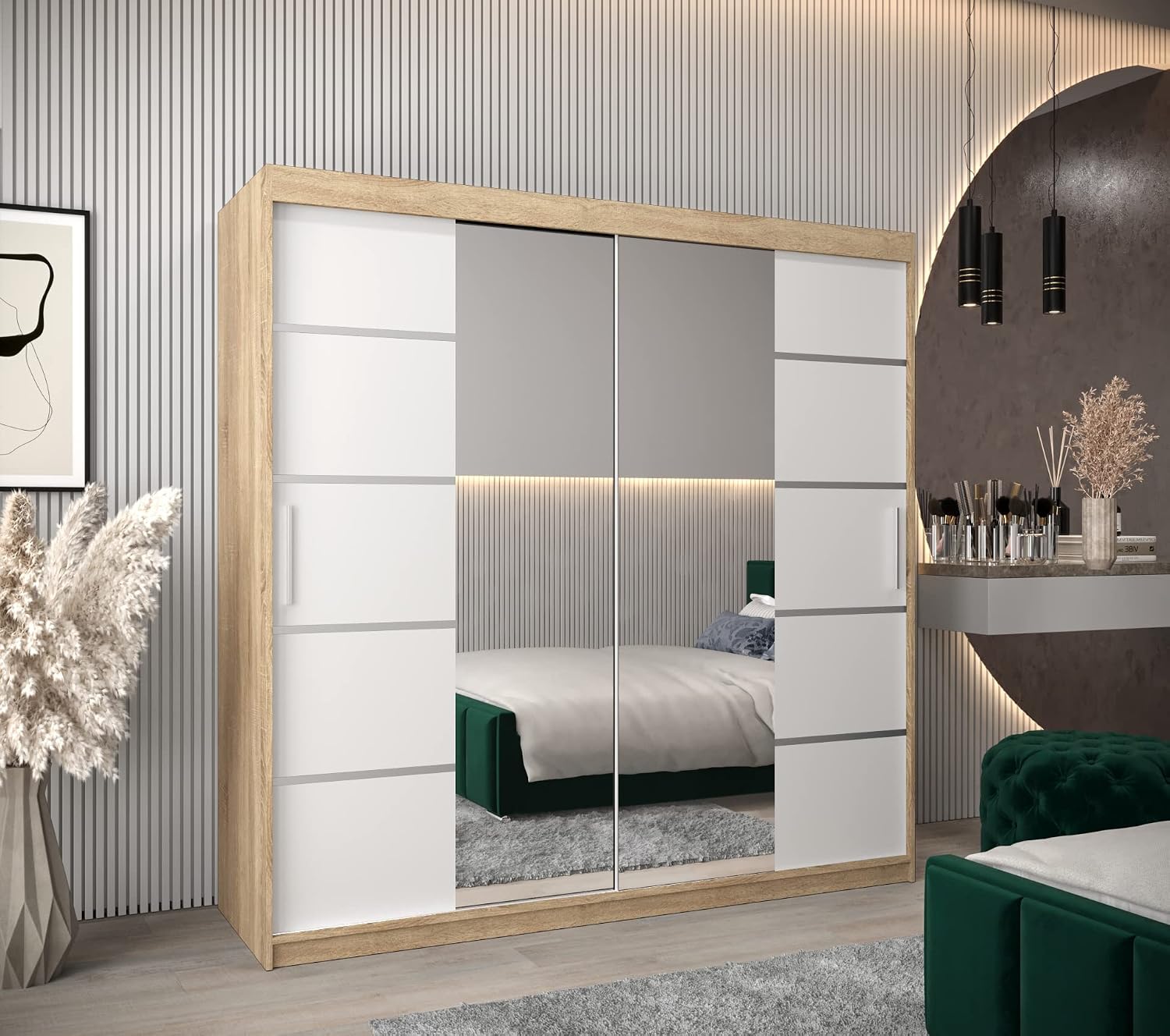ABIKSMEBLE Verona 4 200 Armario 2 Puertas Correderas para Dormitorio - Armario Moderno con Espejo, Barra y Estantes - 200x200x62 cm (Ancho x Alto x Fondo) - Sonoma + Blanco Mate