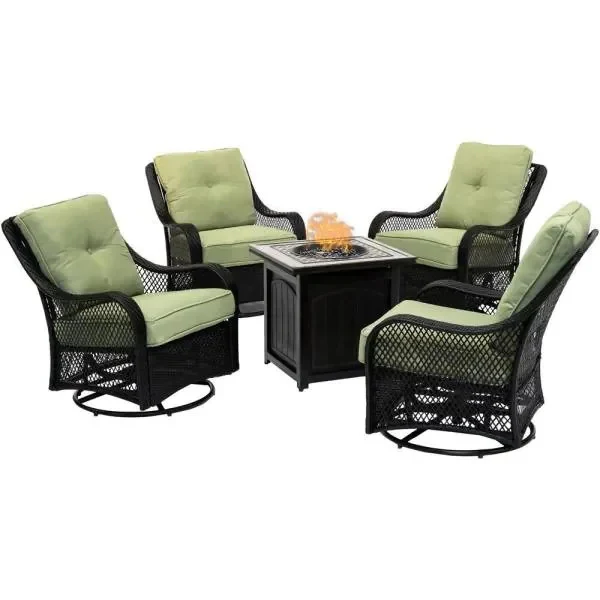 5-Piece Steel Patio Fire Pit Conversation Set with Navy Blue Cushions, Swivel Gliders and Square Fire Pit Table