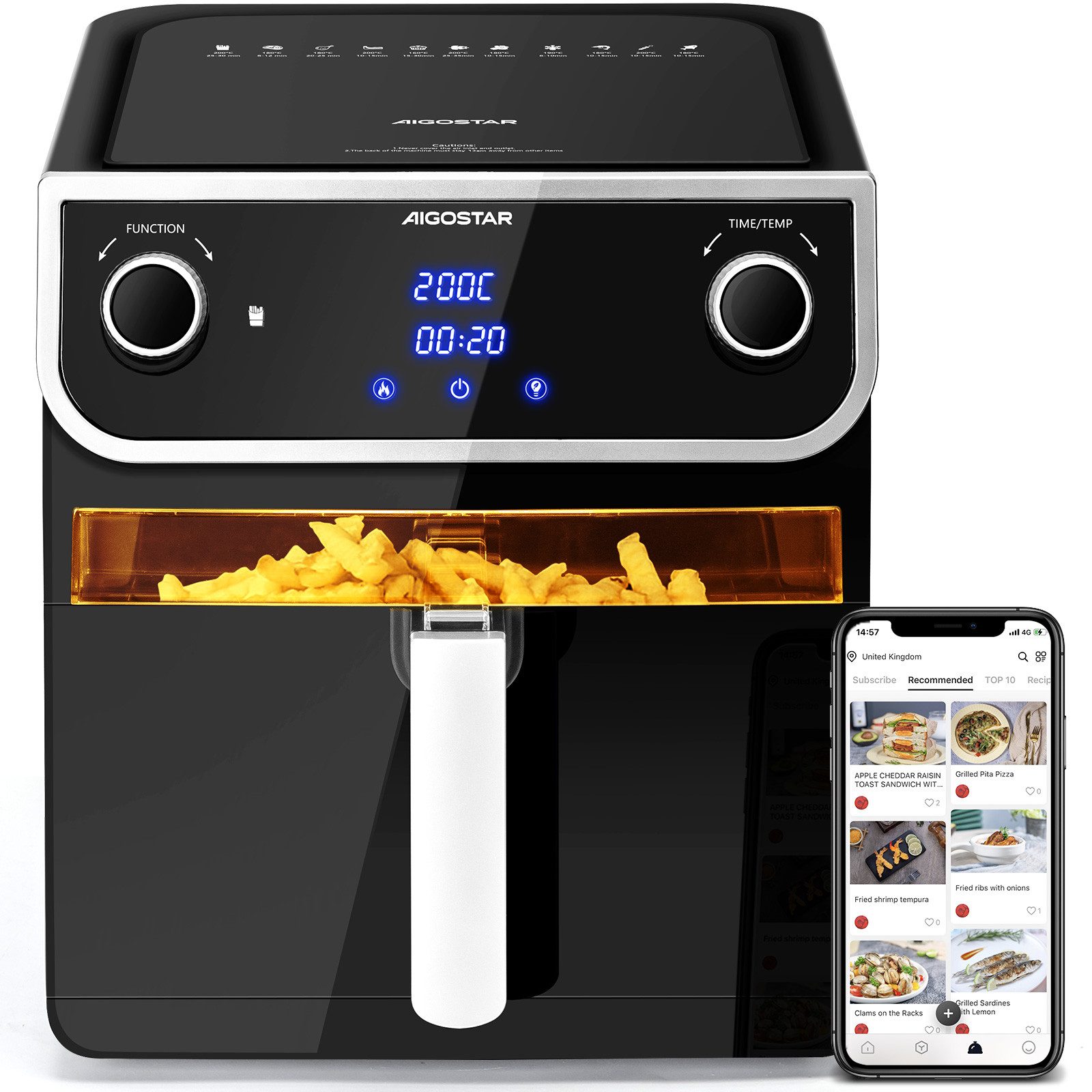 Heißluftfritteuse 1700W 8L Airfryer, 12-in-1 Kochvorgaben, Sichtfenster, Energiesparend