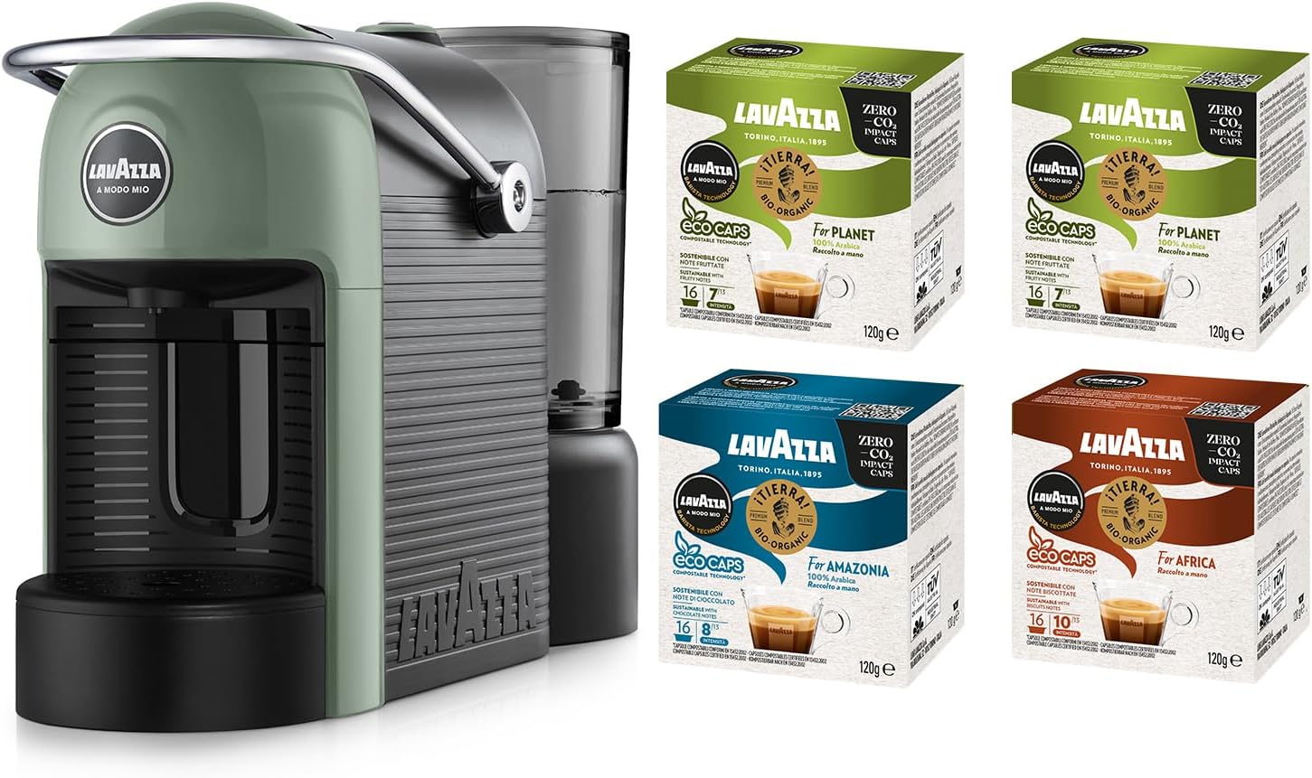 Lavazza A Modo Mio Jolie Evo Coffee Machine Made with 36% Recycled Plastic, Espresso Machine with 64 Capsules Lavazza A Modo Mio Crema and Classic Flavour Included, Red