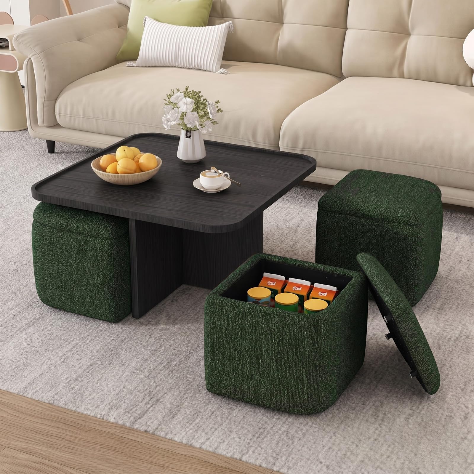 Runder Couchtisch mit 4 Hockern & Stauraum, 80 cm, platzsparend