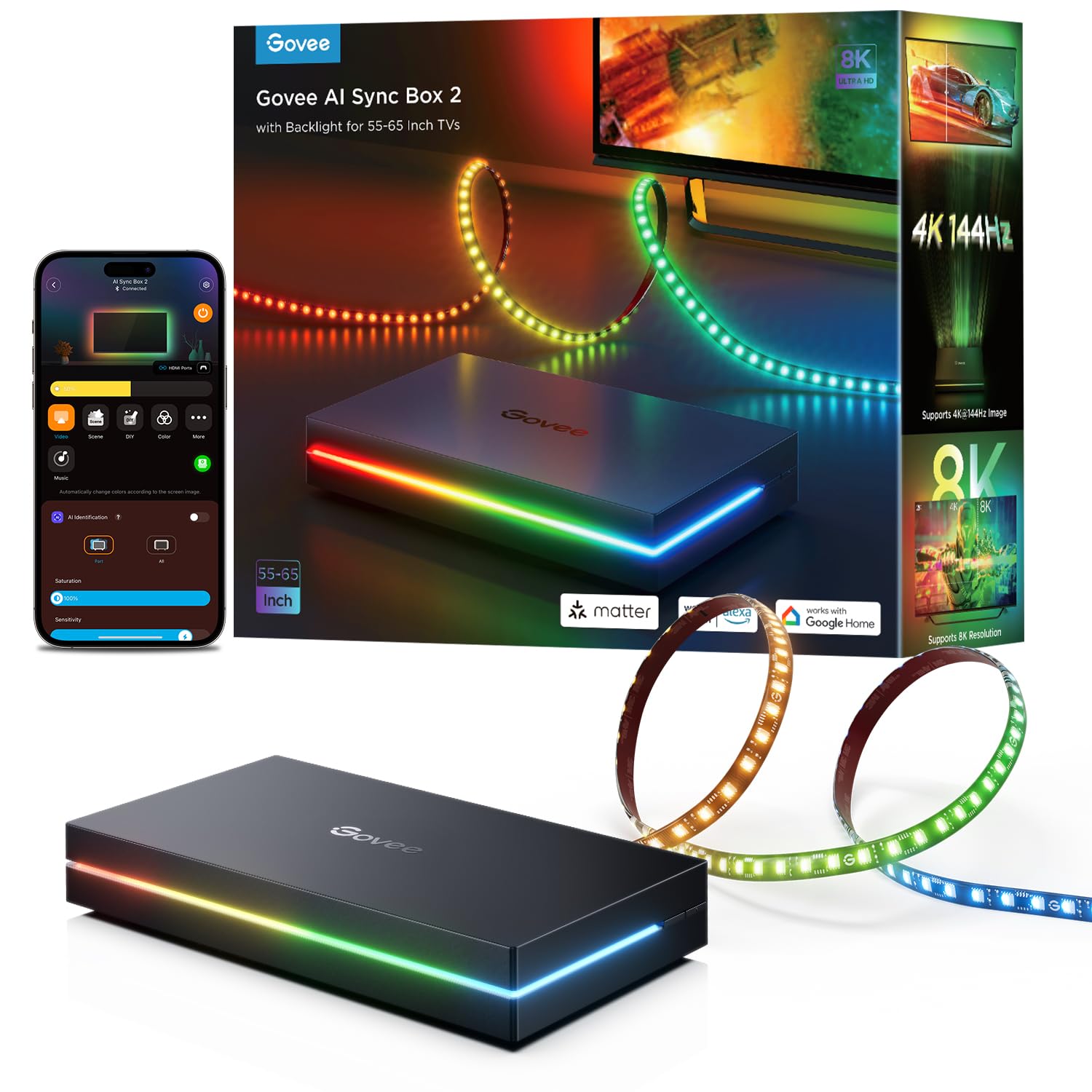 HDMI 2.1 Sync Box Kit mit TV-Hintergrundbeleuchtung, 8K bei 60 Hz und 4K bei 144 Hz, RGBWIC LED Streifen 75 LEDs/m, Modell H6604312DE